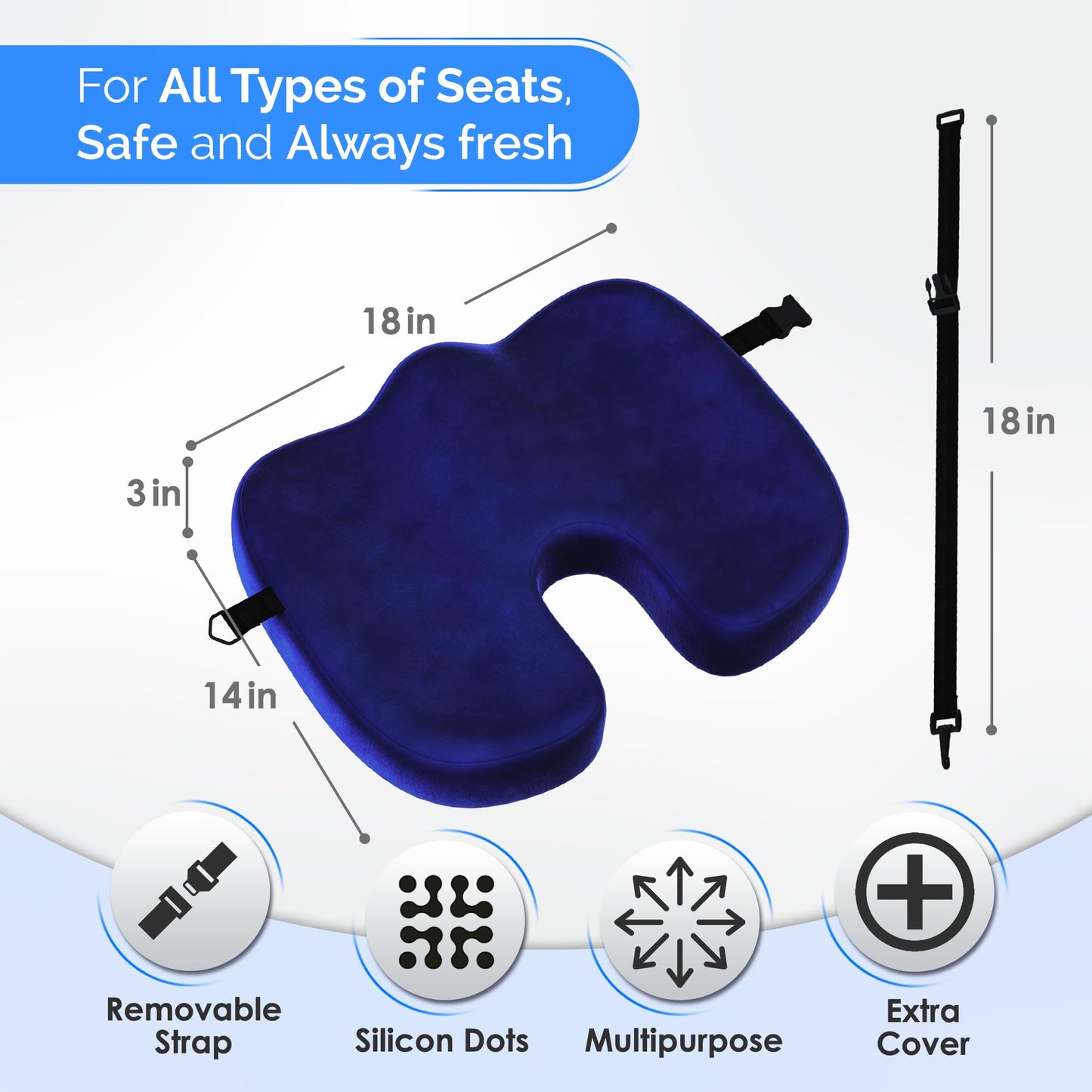lifelong trusted deal Gel Seat Cushion – Navy Blue Flannel Pillow with Velvet Removable Cover – Ergonomic Sponge Support for Office with Adjustable Strap