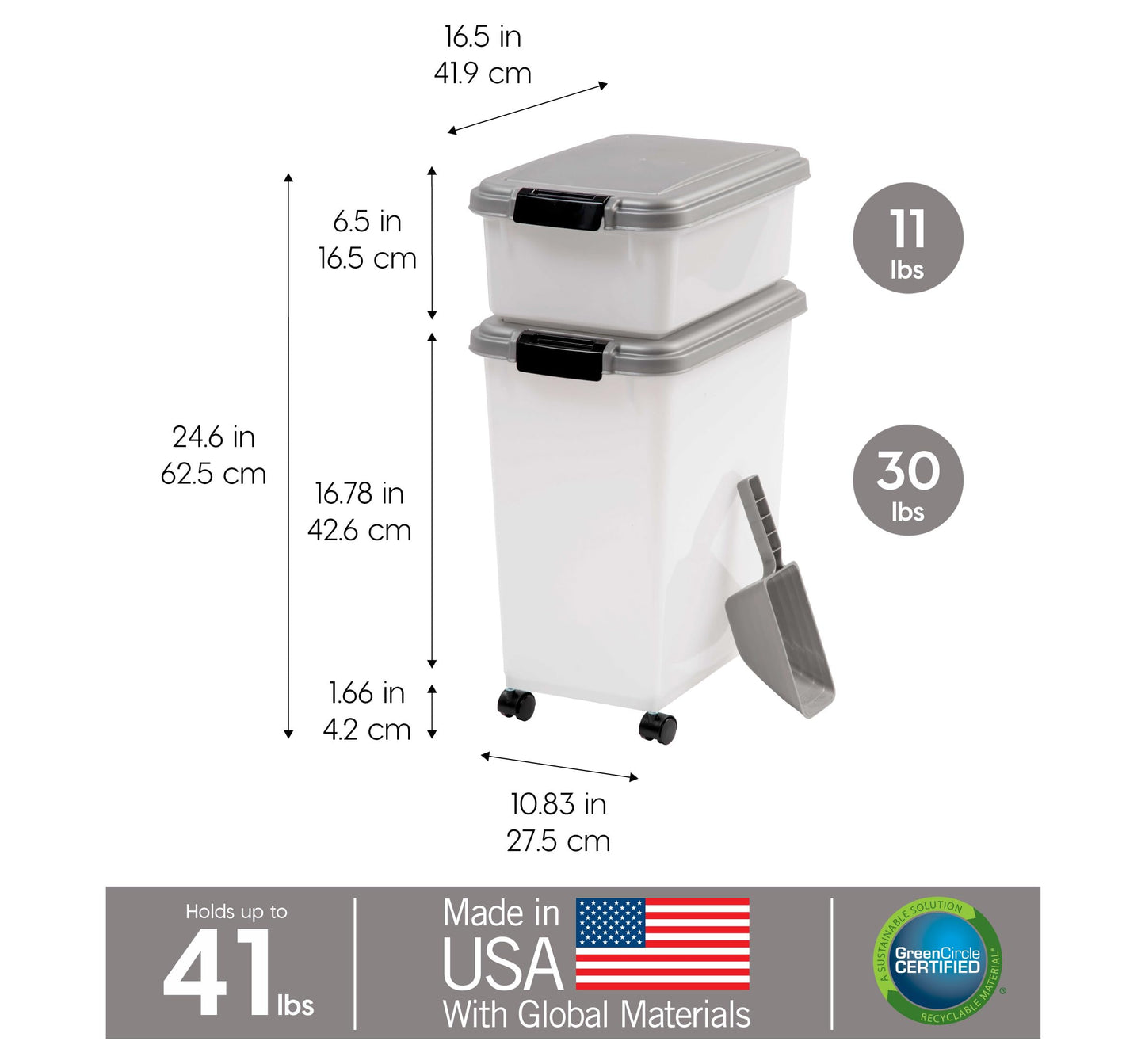 IRIS USA Airtight Dog Food Storage Container Combo, 30 lb + 11 lb Stackable Pet Food Bins with Wheels, Cat Food & Dog Treat Storage, BPA Free, Includes 2-Cup/450 g Scoop, Chrome