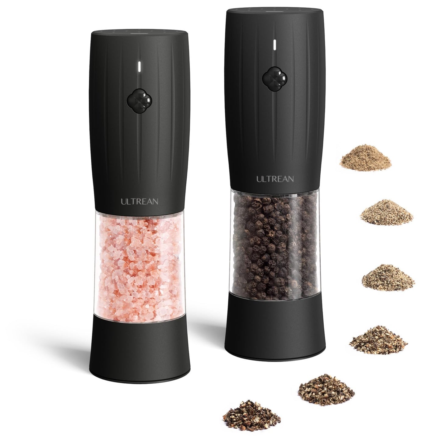 Ultrean Pepper Grinder 2pcs, Rechargeable Salt and Pepper Grinder with 6 Adjustable Coarseness, One-Hand Automatic Operation, LED Light(Black)