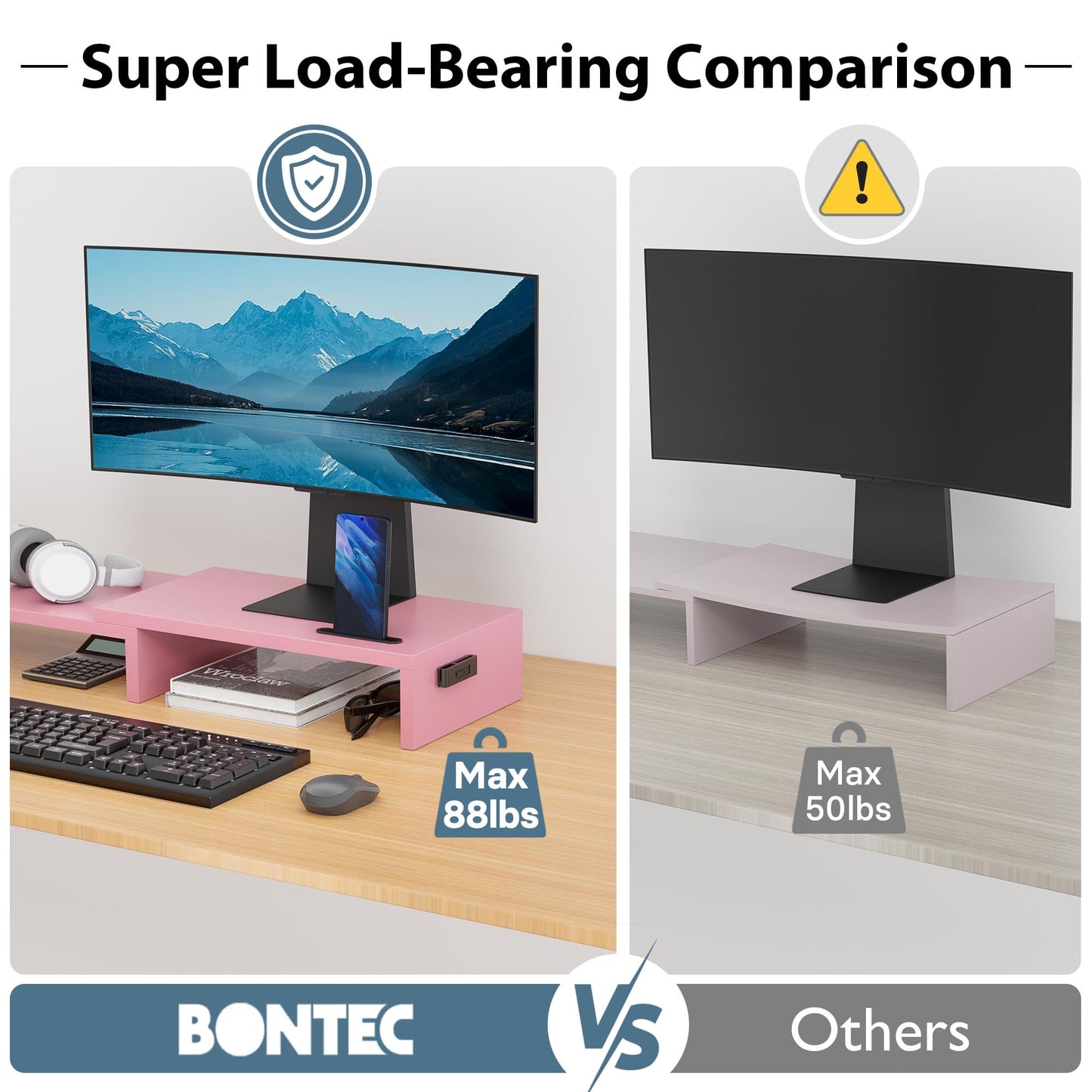BONTEC Dual Monitor Stand for Desk, Adjustable Length and Angle Monitor Stand Riser with Smartphone Holder, Desk Shelf for Top of Desk, Computer Monitor Stand with Storage, Office Desk Organizer, Pink
