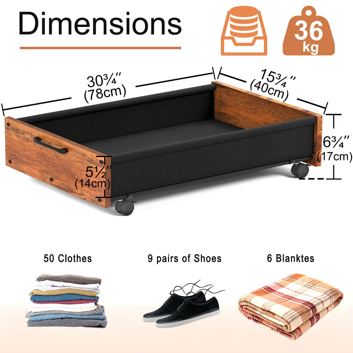 2 Pack Wood Under Bed Storage with Wheels-55 L/pc, Large Storage Containers for Clothes, Blankets Under Bed Shoe Storage Organizer, Easy Rolling Wooden&Metal Drawer ZIMICRO
