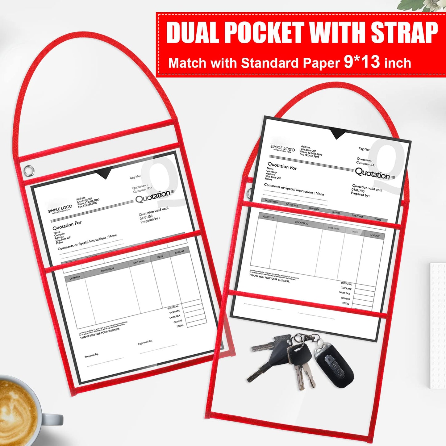 Epakh 30 Pack Shop Ticket Holders 9 x 12 Inch Work Order Plastic Sleeves Job Ticket Holders Dry Erase Repair Order Sleeves with Hanging Strap, Both Sides Clear(Red)