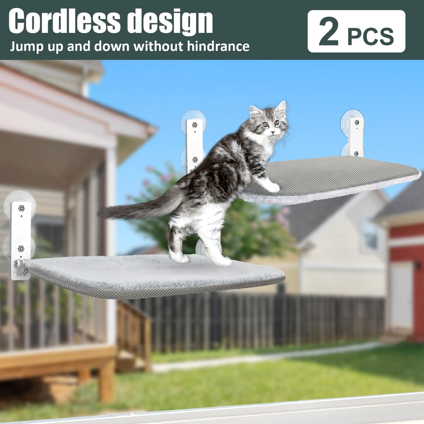 Sunhoo 2PCS Cat Window Hammock Perch Cordless Kitty Seat Bed Foldable Windowsill Ledge Shelves Sturdy Suction Cup for Large Indoor Cats Kitten 20.5 * 11.8in Hold 55lbs Lit Pour Chat (Light Gray, M)