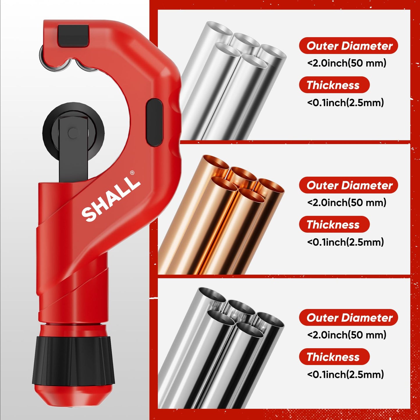 SHALL Tubing Cutter Tool, Heavy Duty Pipe Cutter 3/16"-2" OD, Mini Tube Cutter 1/8"-7/8", Steel Pipe Cutter for Metal, Copper, Aluminum, Conduit, PVC Pipes, Cutting & Deburring Tools for Professionals