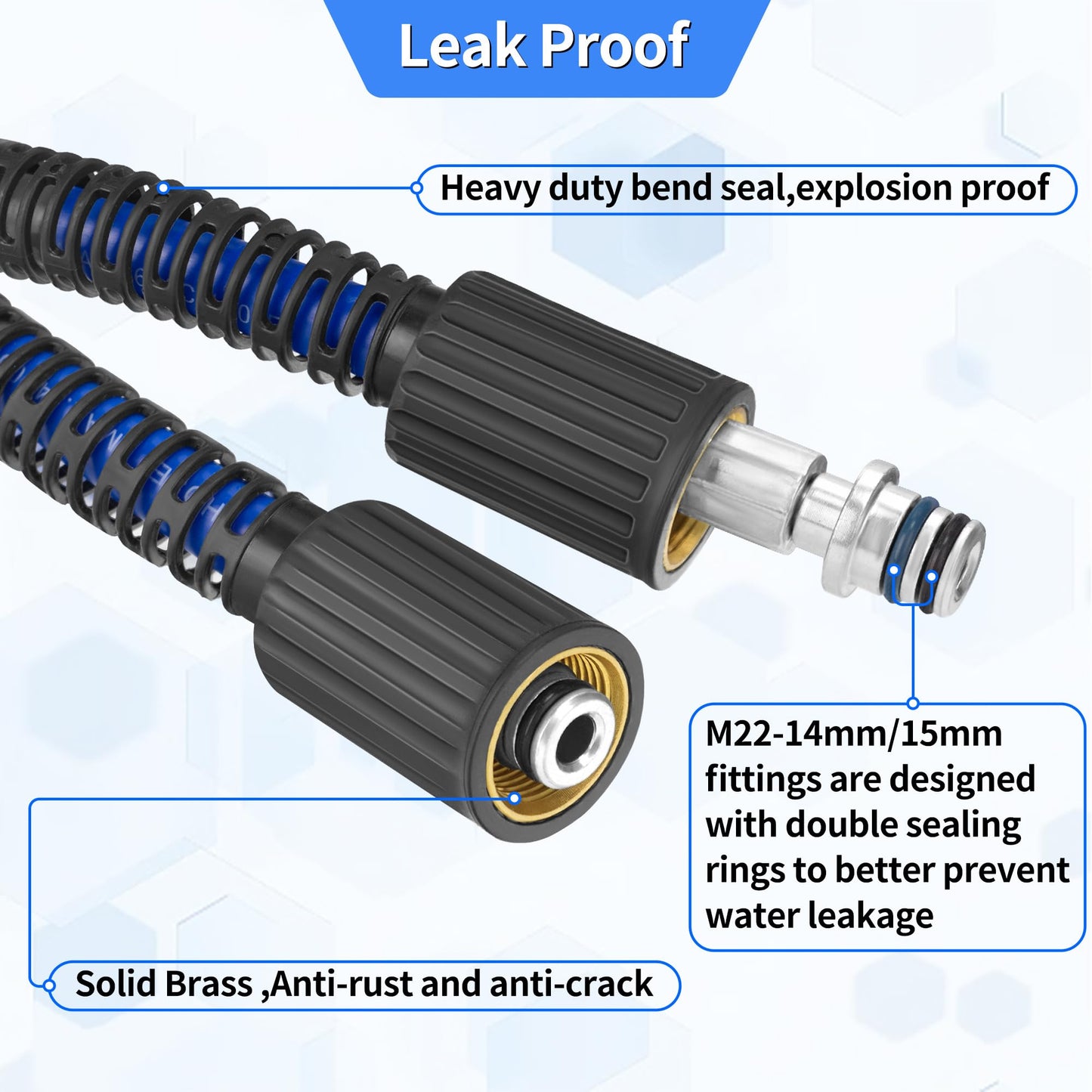 Pressure Power Washer Hose 50 FT x 1/4", Super Flexible Kink Resistant Car Washer Replacement with M22 Fittings & 3/8" Quick Connect Adapters for Ryobi Troy Bilt Flexzilla Greenworks & More, 4200PSI