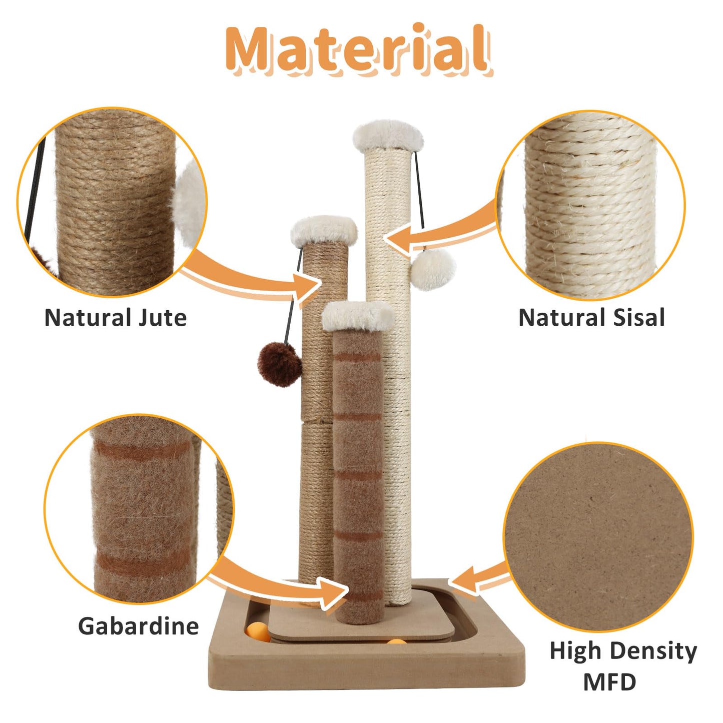 AUSCAT Cat Scratching Post with 3 Scratching Poles, Vertical Sisal Cat Scratcher with Dangling Balls & Track Balls, Scratching Post for Indoor Cats and Kittens