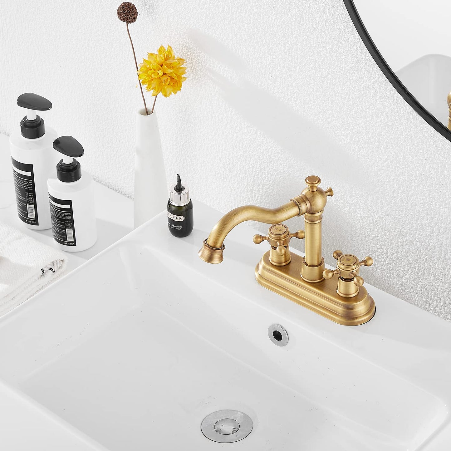 Bathroom Faucet Antique Brass GGStudy 2 Handles 4 Inches Centerset Faucet Bathroom Vanity Faucet with Drain Assembly and Supply Hose Lavatory Faucet Mixer Double Handle Tap Deck Mounted