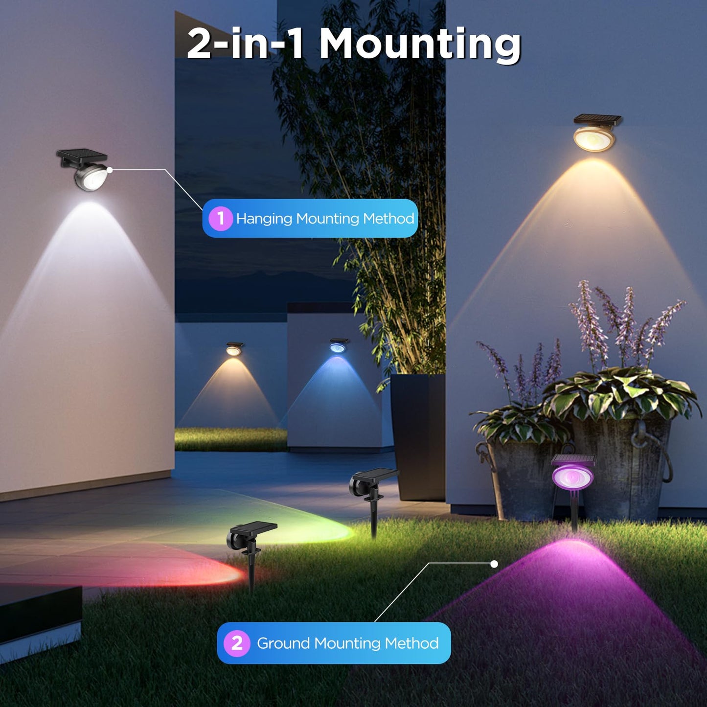 Quntis 6-Pack RGBCW Solar Spot Lights Outdoor, Upgrade Brighter Optical Lens,10 Color Changing Solar Landscape Spotlights,Waterproof Wall & Ground Solar Lights Outdoor for Garden Yard Path Wall