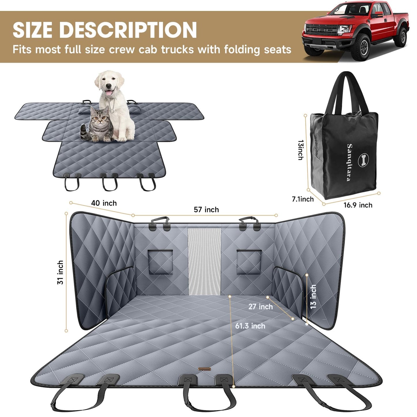 SANQITARA XL Dog Seat Cover for Truck with Flip Up Rear Seats, Waterproof Dog Back Seat Floor Cover with Door Protector & Pet Seat Belt for Crew Cab Trucks, Pet Truck Accessories for F150