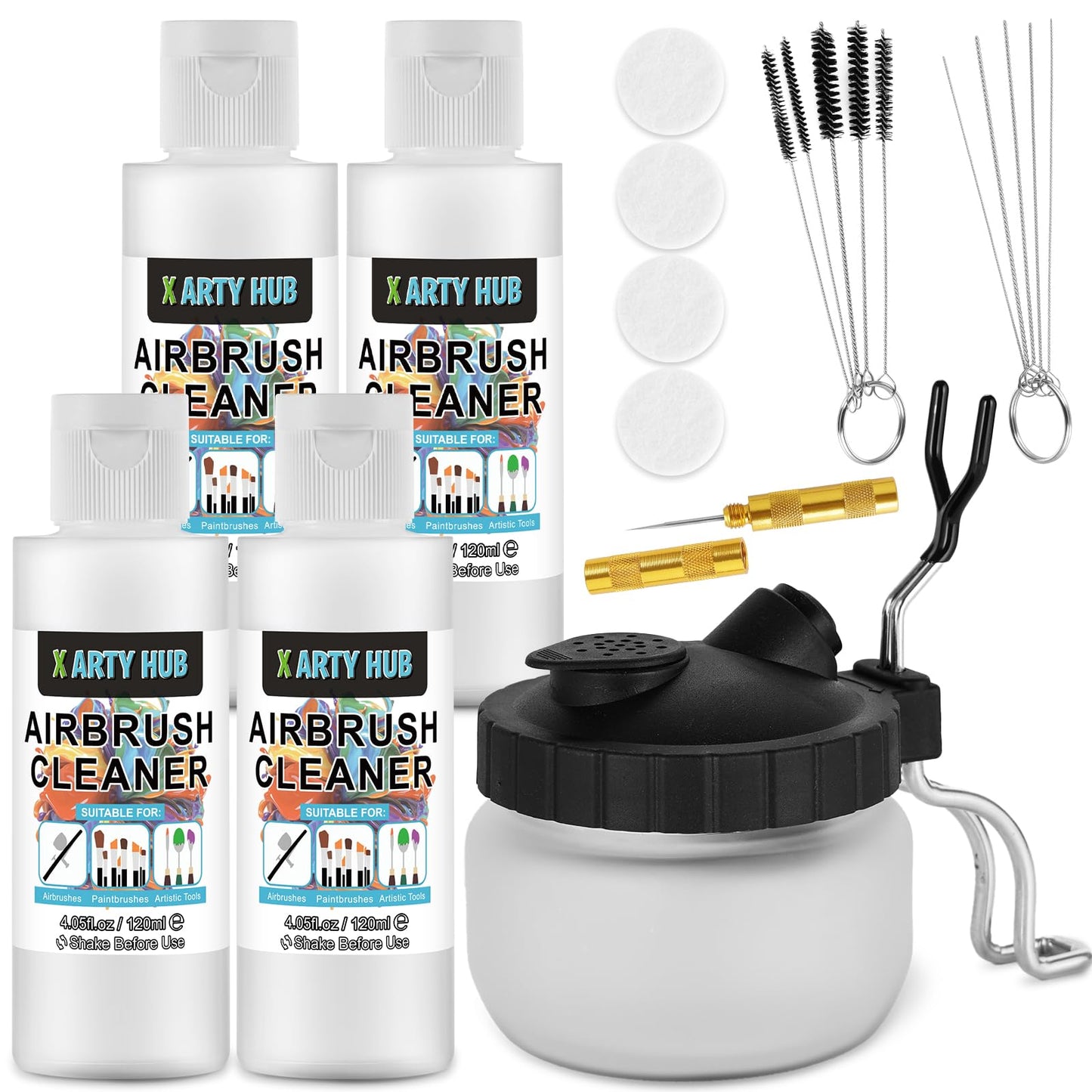 X ARTY HUB Airbrush Cleaning Kit - 4 * 120 ml Airbrush Cleaner with Glass Cleaning Pot, Easily Handle Water-Based and Acrylic Paints, for Airbrushes & Other Artistic Tools