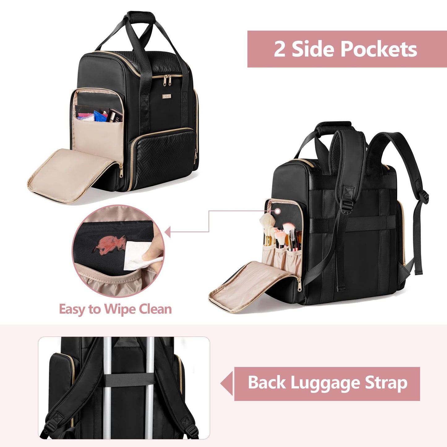 Prokva Large Makeup Backpack with 3 Clear Makeup Bags, Double Layers Professional Makeup Travel Case with Brushes Storage Section for Makeup Artists, Black (Patent Design)