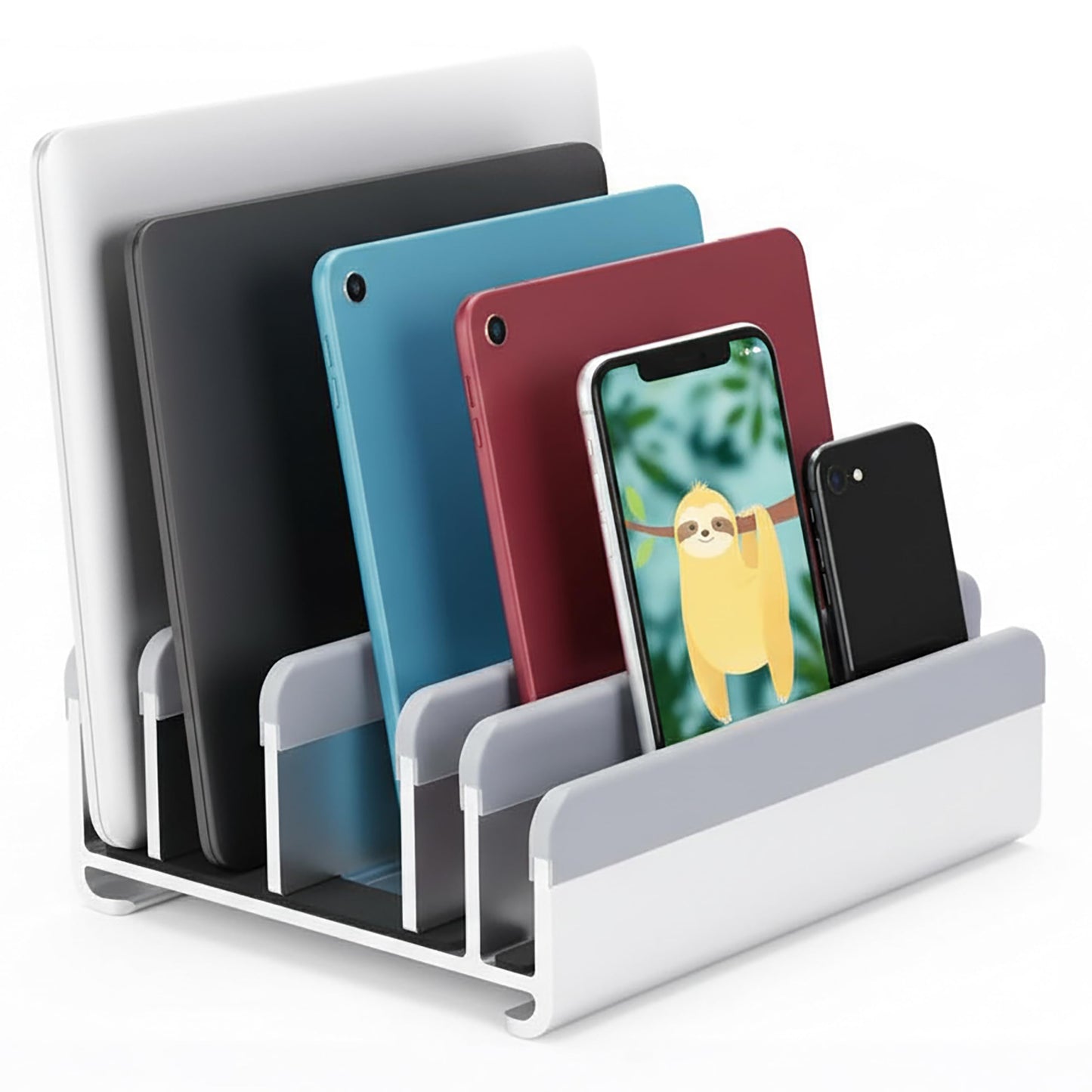 Elestoria Vertical Laptop Stand - Fits 5 Devices, Modern Design, Tool Free Adjustment, Protective & Stable (Silver)