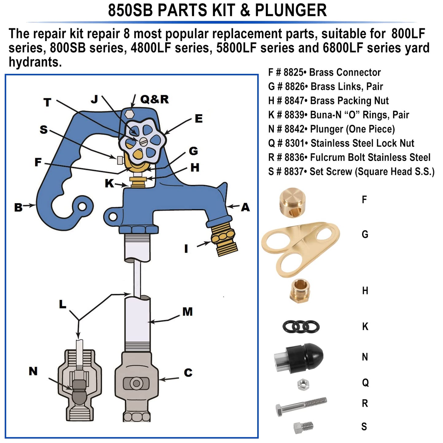 850 Sb Parts Kit Yard Water Hydrant Repair Kits & 8842 Plunger Fit for Simmons 800LF 800SB 4800LF 5800LF 6800LF Series Frost Proof Landscape Outdoor Yard Hydrant, Replace for Part No. 850SB