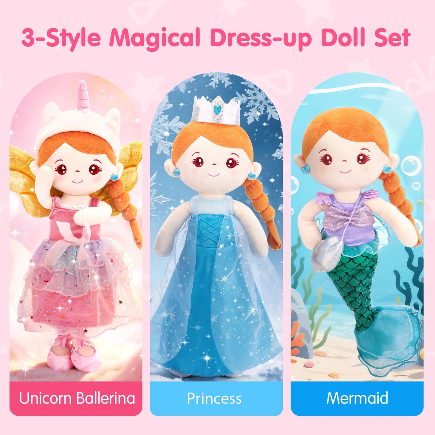 hahaland Dress Up Doll Playsets - Princess Mermaid Unicorns Toys for Girls Age 4-6, Plush Doll with 3 Outfits and Carry Bag, Fairy Ballerina Toys 4 Year Old Girl Birthday Gifts Easter Basket Stuffers