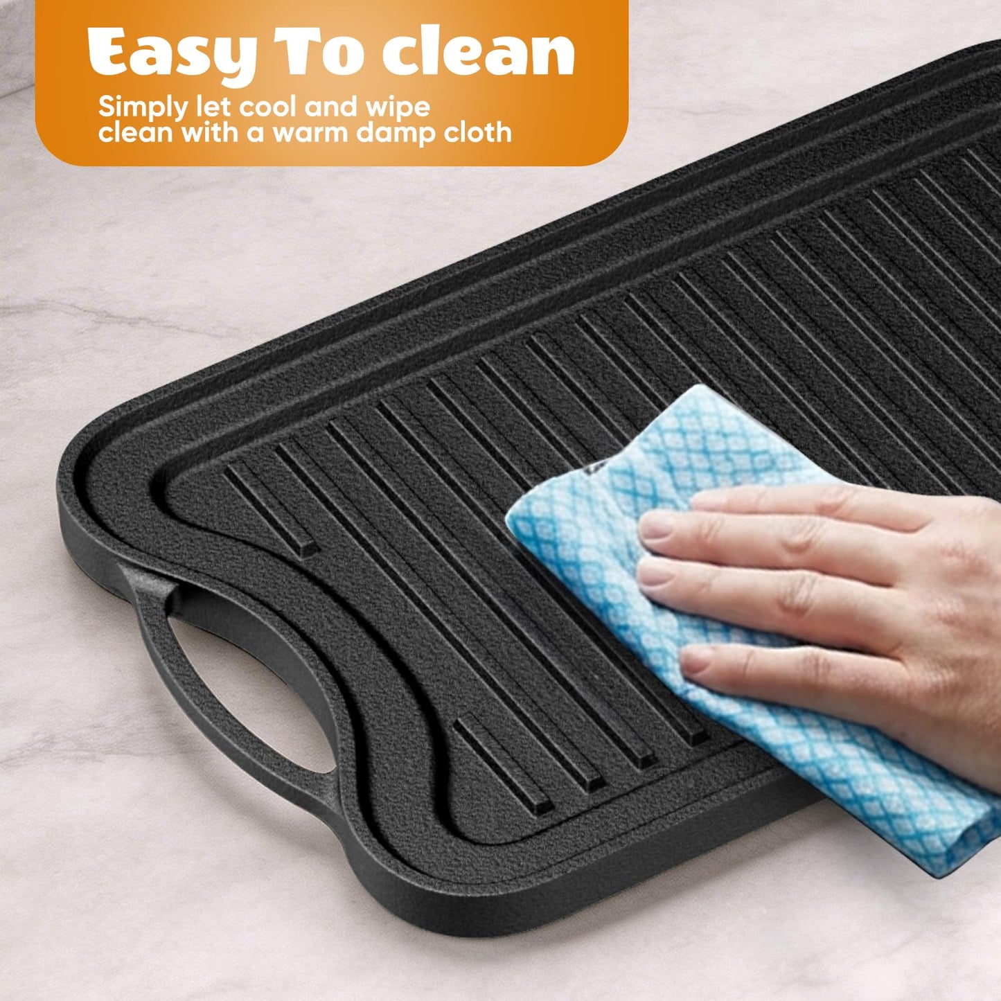 Dayacoco Cast Iron Griddle, Reversible Grill Pan, 16.5" x 9.8" Non-Stick BBQ Grill Pan with Handles, Dual Handle Flat Skillet Pan for Gas Stovetop Open Fire Oven