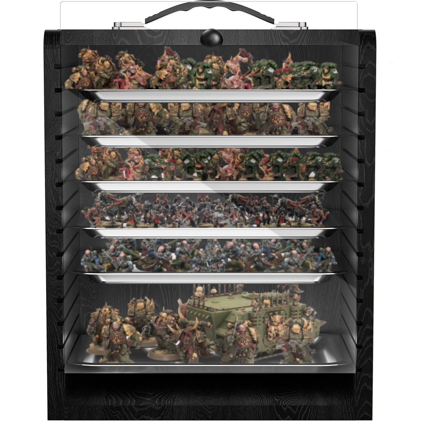 AKOZLIN Miniature Display Case for Collectibles Miniatures with 6 Trays & Handle Wooden Miniature Carrying Transport Case,Black