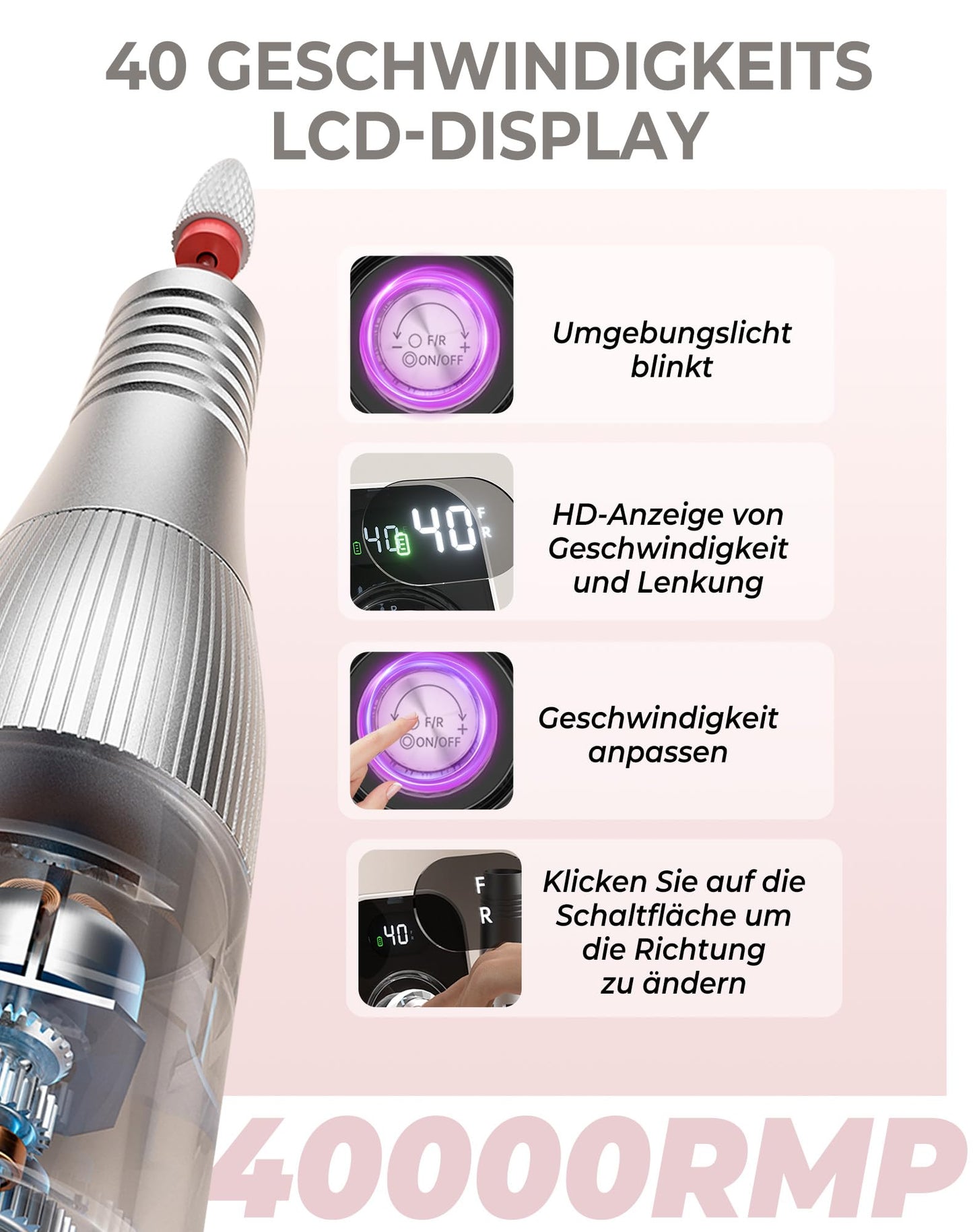 Efile Nail Drill, Professional Nail Drill 40000 RPM Electric Nail File Professional Chargeable Machine Chargeable for Gel Nails Kit with 7 Nail File Bits, Portable File At Home And Salon (Grey)