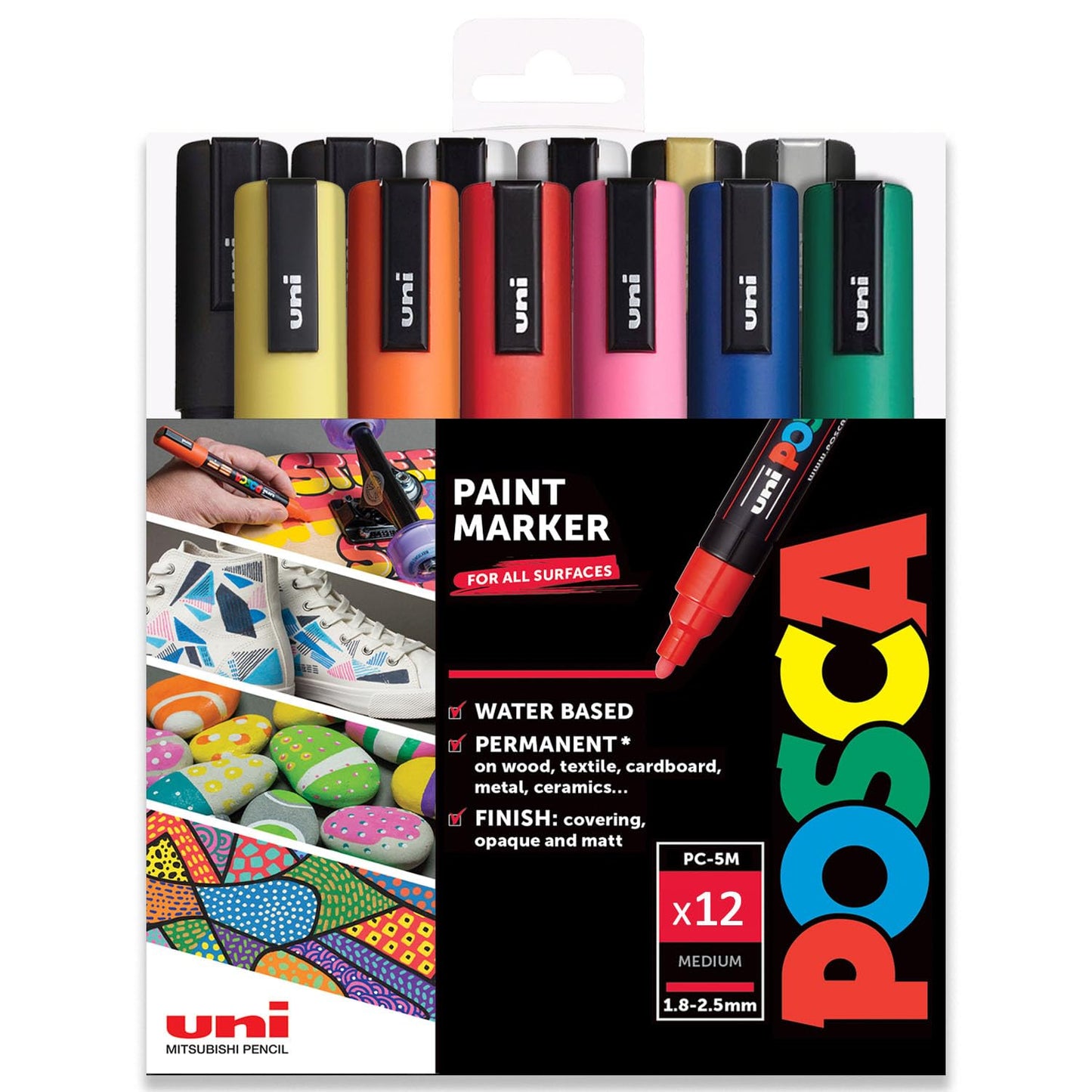 Uni Posca PC-5M Paint Pen Art Marker Pen - Professional 12 Pen Set - Extra Black + White