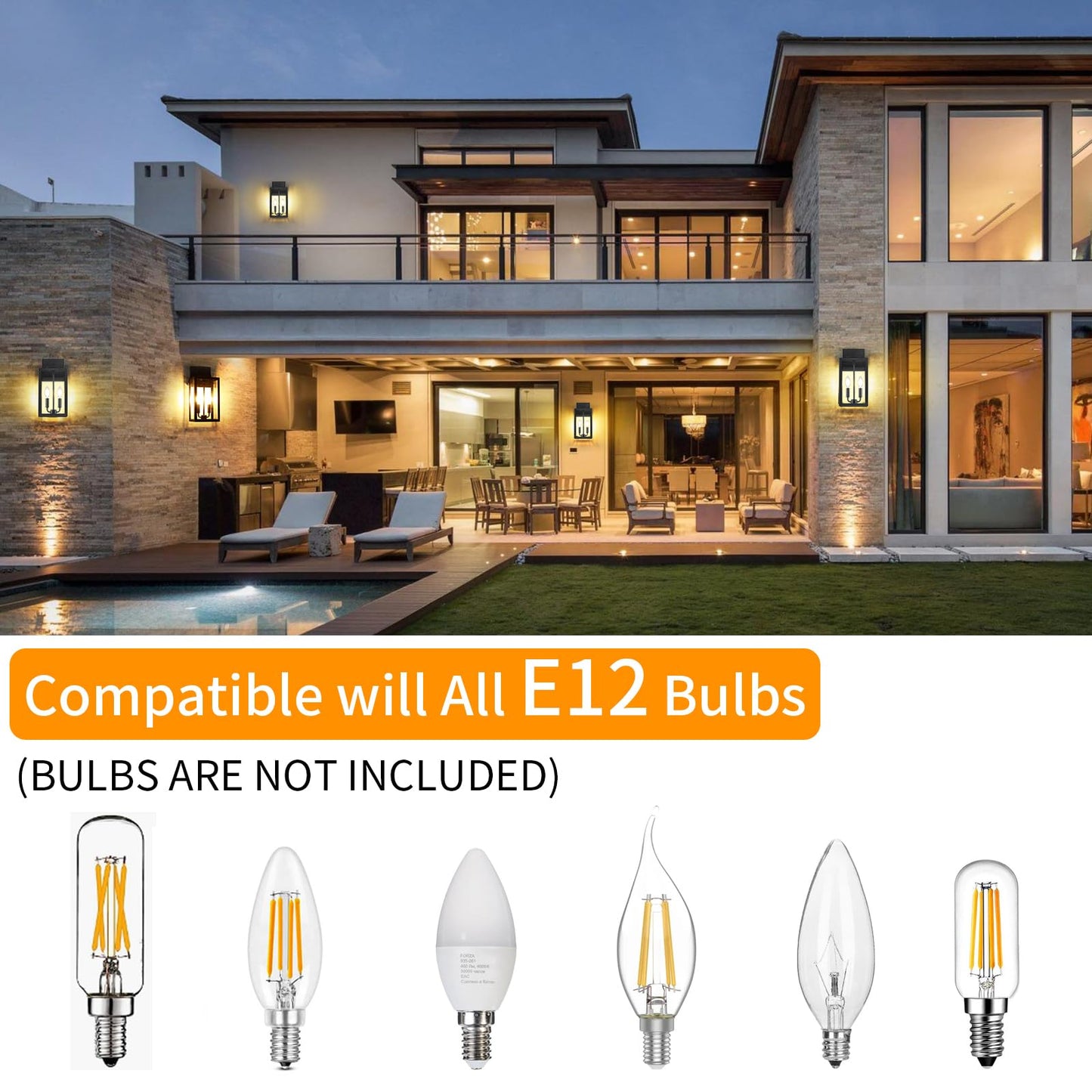 15.5" Black Outdoor Wall Lantern 2-Light, Outside Modern Wall Sconce Light Fixture, Industrial Porch Light Wall Mount with E12 Sockets, Waterproof Exterior Lamp Lighting, 1 Pack