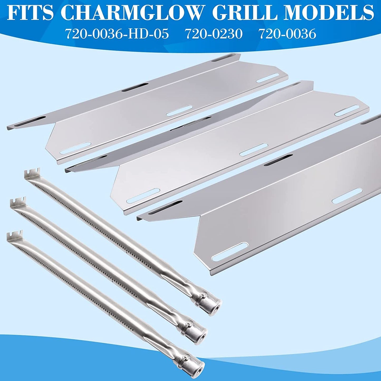 Criditpid BBQ Replacement Parts for Charmglow 720-0036-HD-05 720-0230, Nexgrill 720-0025 720-0083-04R, Sterling Forge 720-0016, Stainless Steel Burner Tube, Heat Plate Tent Shields.