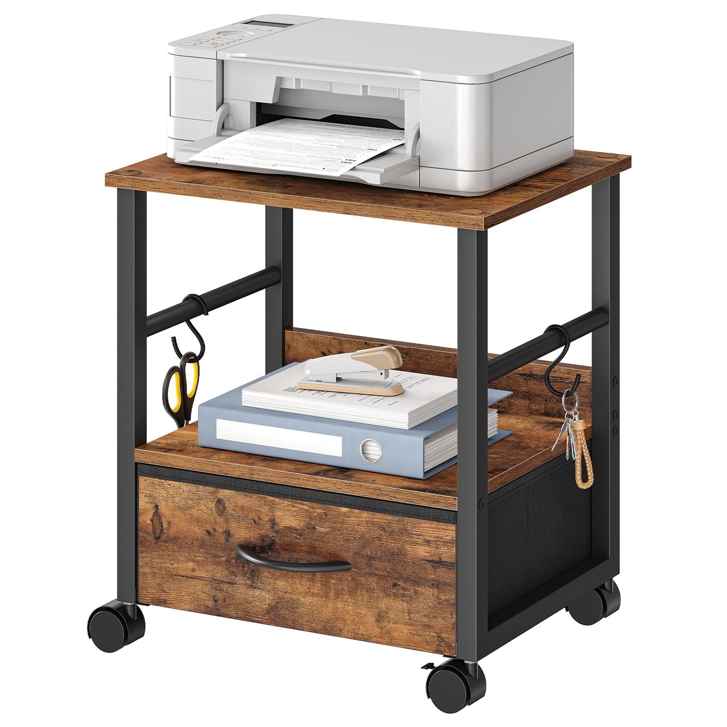 HOOBRO 2-Tier Printer Stand with Drawer, Under Desk Printer Table, Printer Cart with Storage, with Casters/Adjustable Feet, for Home Office, Study, Living Room, Rustic Brown and Black, BF20PS01