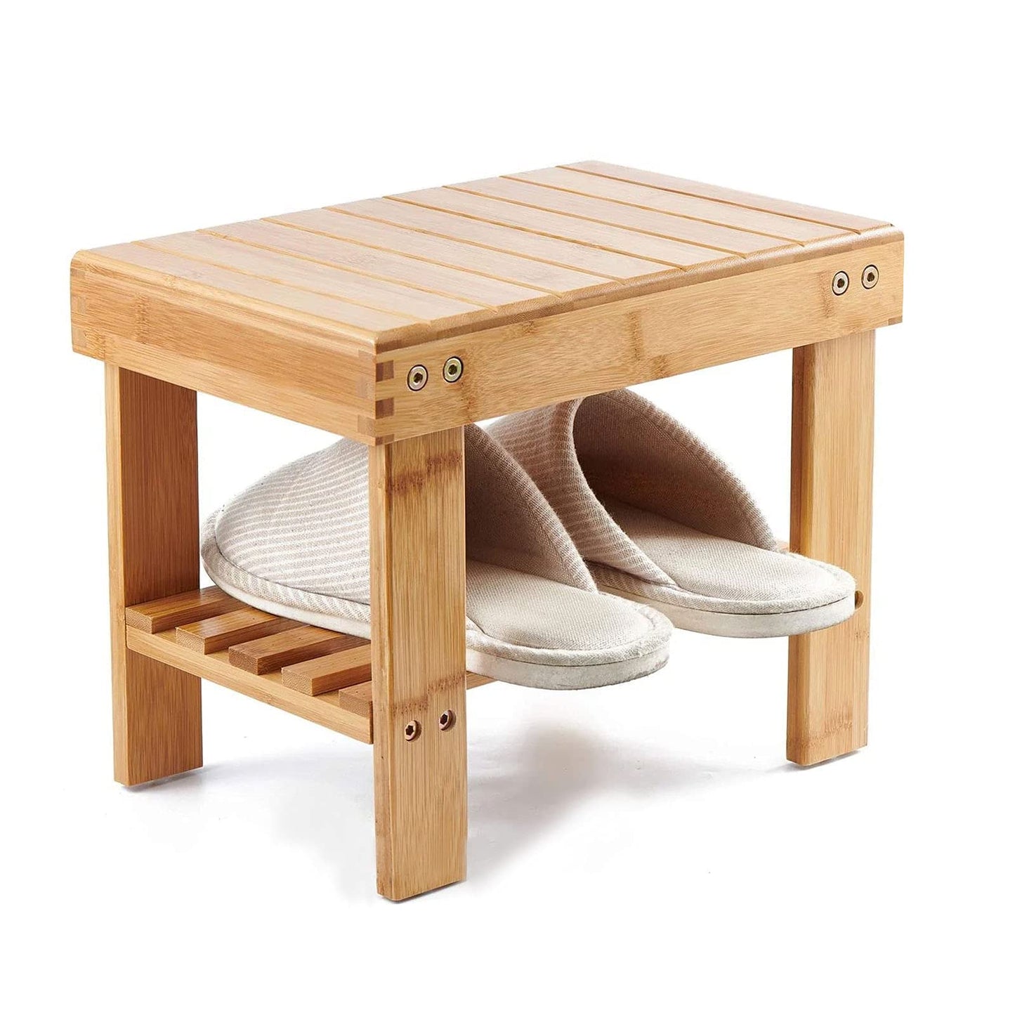 HOIGON 2 Pack 13 Inches Bamboo Step Stool with Storage Shelf, Wooden Foot Stool for Home Garden Bathroom, Heavy Duty Stepping Stool for Adults with Non-Slip Pads, Natural Bamboo, Tabouret Marche Pied
