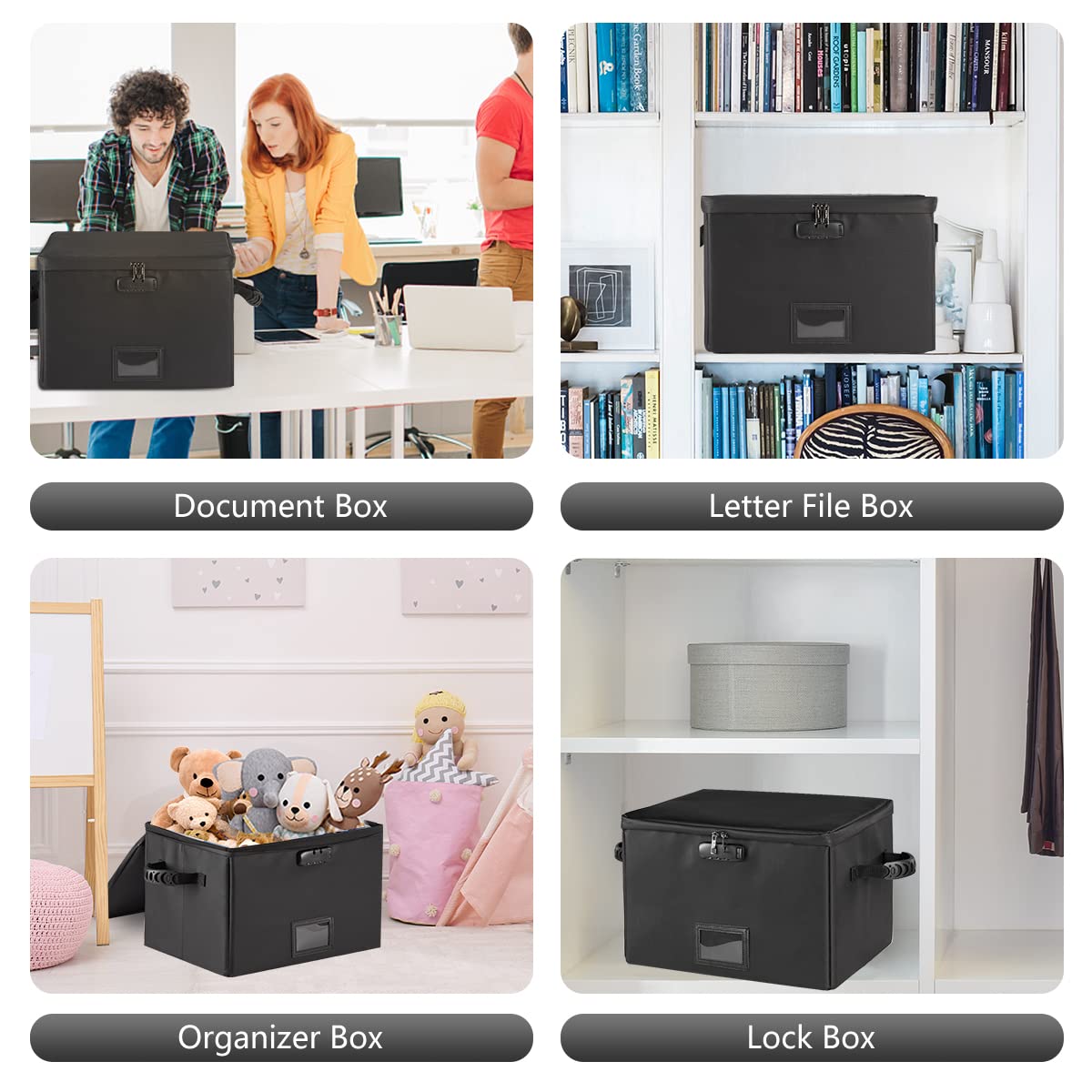 MUIFA Fireproof Document Box, Fireproof File Box with Lock, Collapsible File Storage Box with Zippers and Inserts Bag, Portable Home Office Safe Box for Letter/Legal Folder(Black)