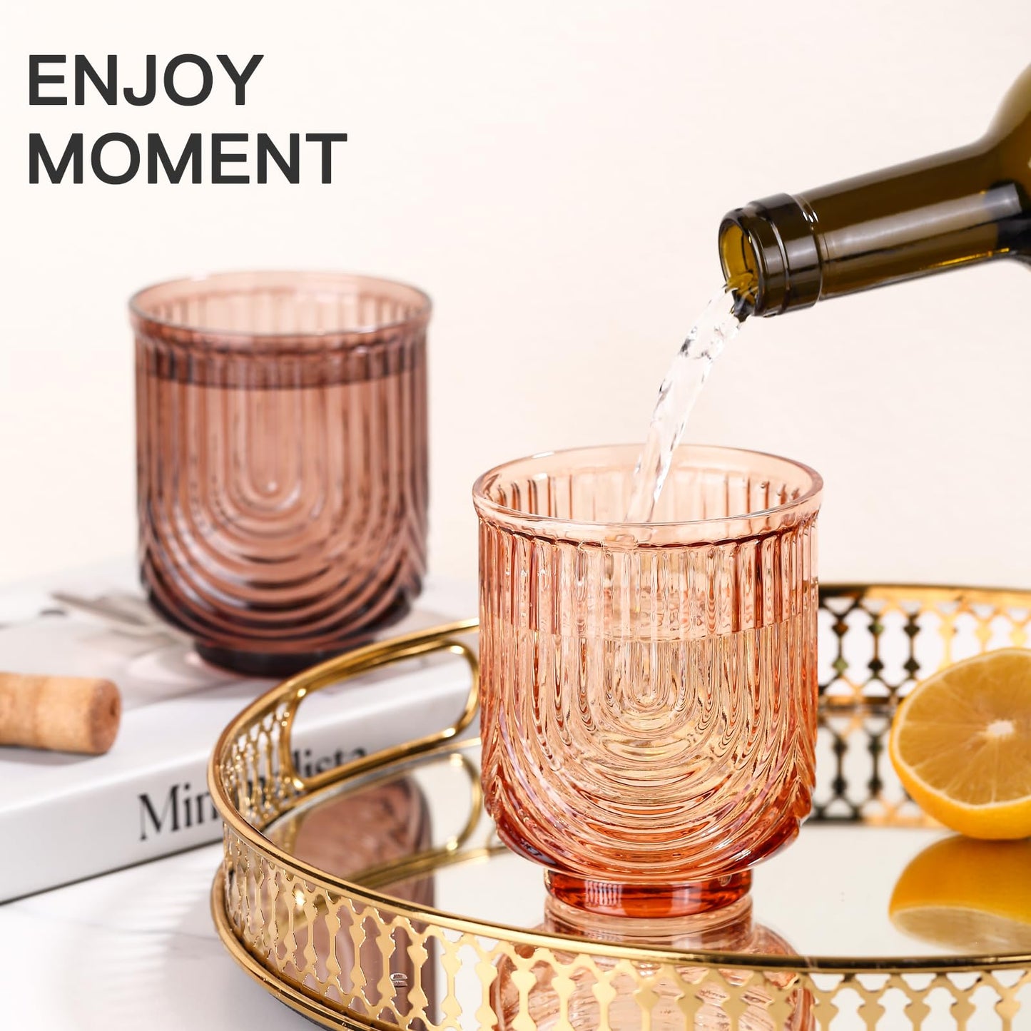 JOVGANK Amber Vintage Glassware Set of 6-14Oz Amber Water Drinking Glass, Art Deco Ripple Highball Glass, Whiskey Cocktail Glasses, for Bar Beverages Ice Coffee Juice, Housewarming Gifts