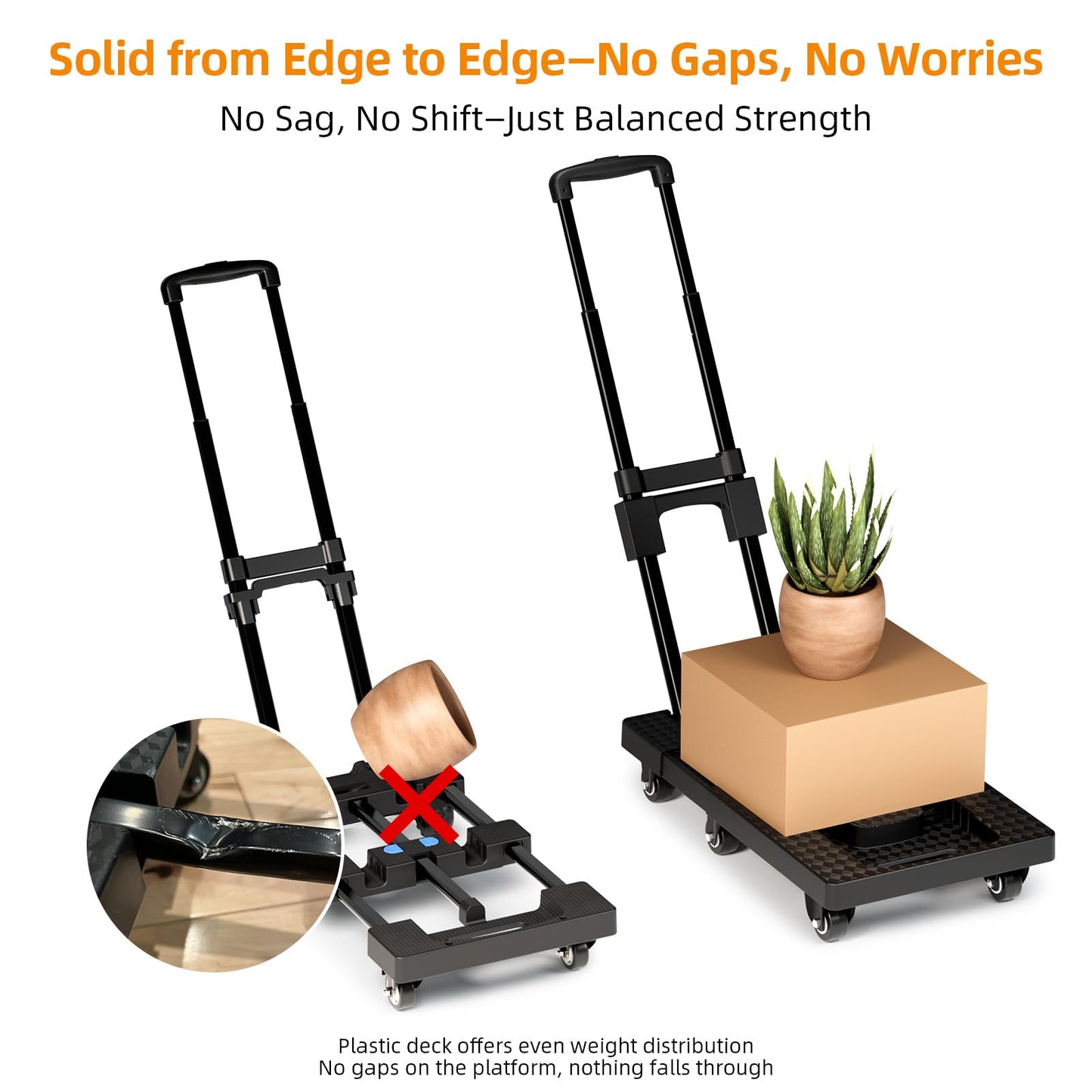 Folding Hand Trucks, Heavy Duty Dolly Cart with 6 Wheels & 2 Elastic Ropes, Foldable & Ideal for Luggage, Travel, Moving, Shopping, Office Use, Hold Up to 500 LB, Easy to Store, Black
