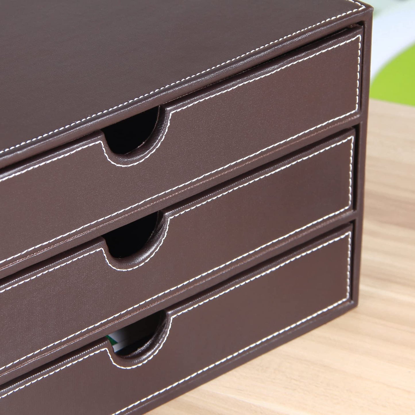 Faux Leather Desk Organizer with3 Drawers Executive Office Supplies Desktop Filing A4 File Cabinet/Holder,Stackable Storage Box for Jewelry/Bill/Paper/Documents/Makeup Home Decor Accessories(Brown)