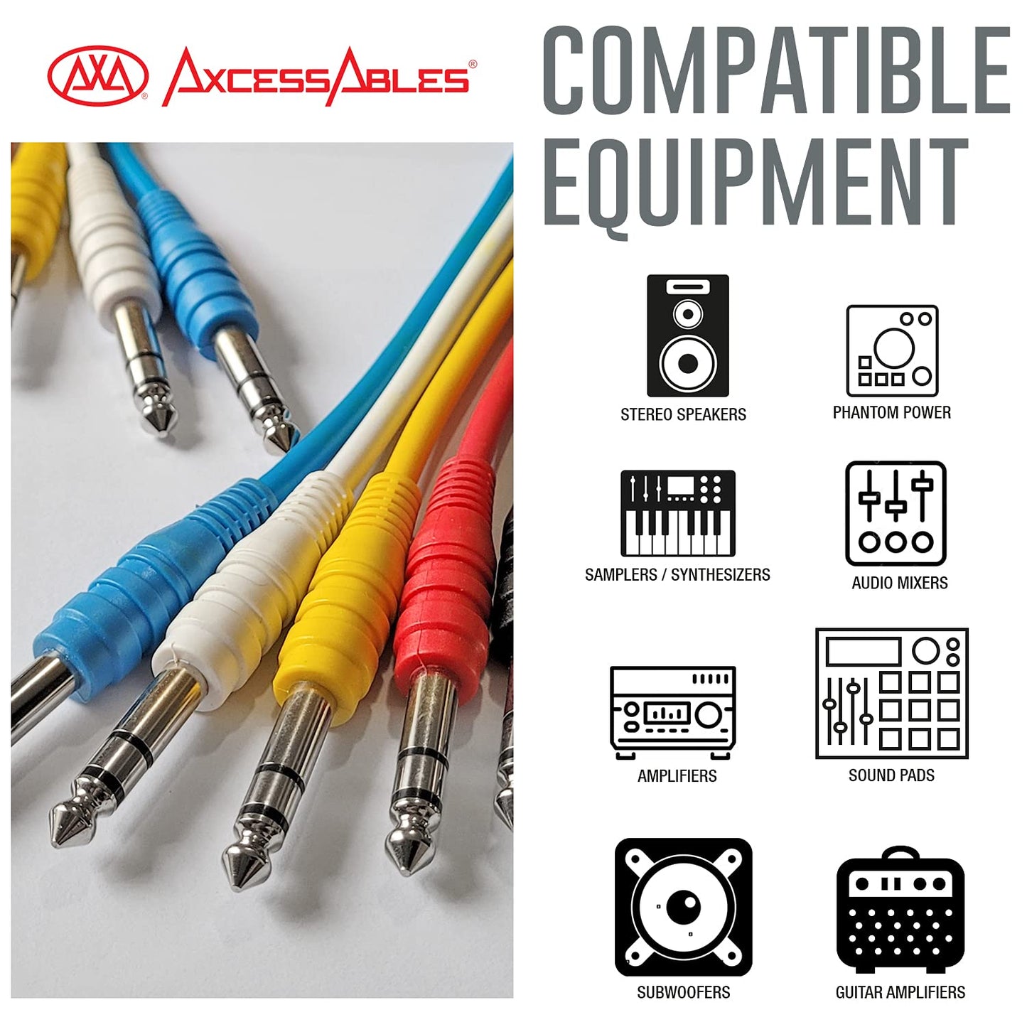 AxcessAbles 3' 1/4" TRS to 1/4" TRS Multicolor Balanced Stereo Patch Cables (6-Pack) | Speaker & Studio Patch Cables