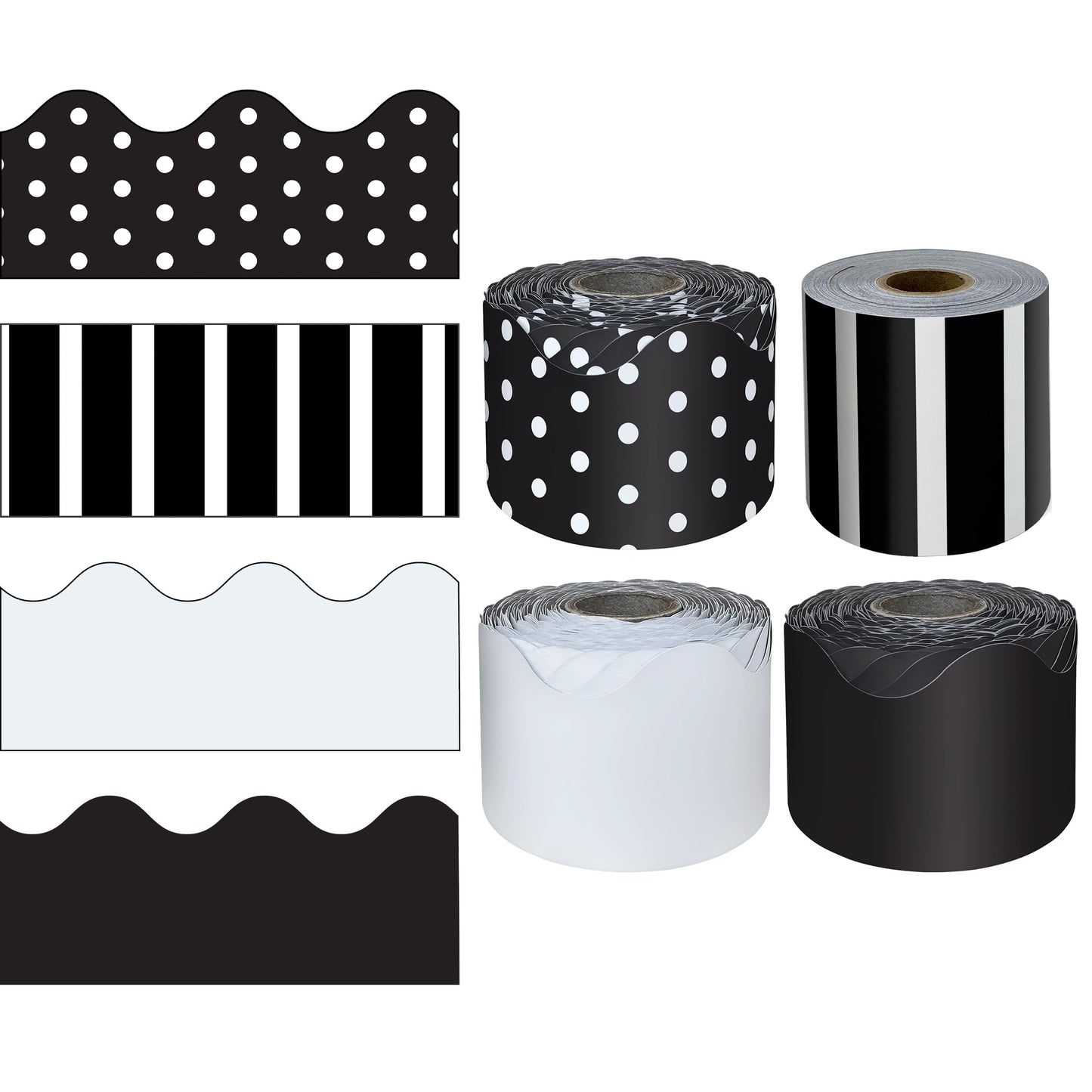 Carson Dellosa 4 Rolls of 260 Ft of Scallop Black and White Bulletin Board Borders, Striped, Polka Dot Black and White Borders for Bulletin Board & Classroom Décor, 65 Ft Per Roll