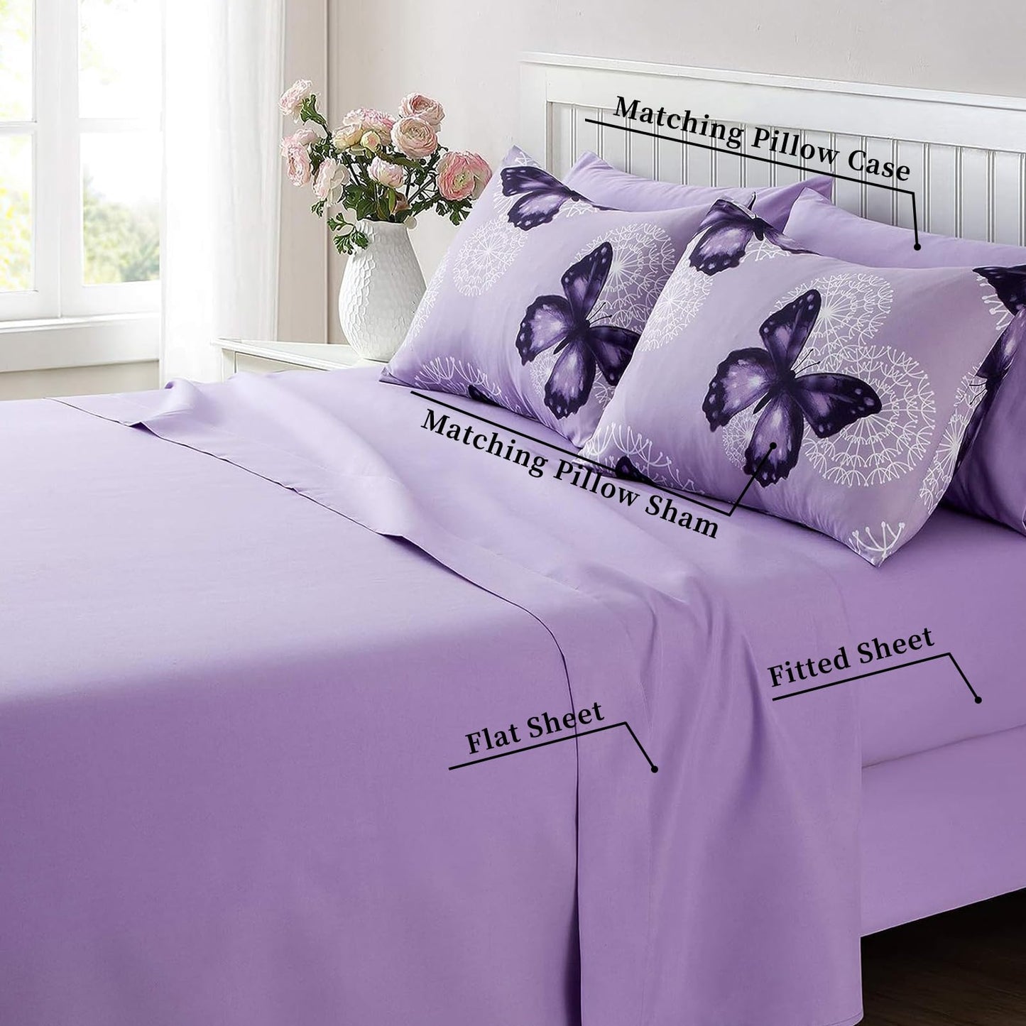 ARTALL Butterfly Pattern Bed in A Bag 6 Piece Bedding Twin Comforter Sets 1 Comforter, 1 Pillow Shams, 1 Flat Sheet, 1 Fitted Sheet, 1 Bed Skirt, 1 Pillowcases