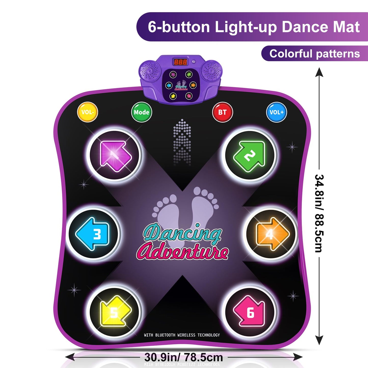 Flooyes Dance Mat Toys for 3-12 Year Old Kids, Electronic Dances Pad with Light-up 6-Button Wireless Bluetooth, Music Dance with 5 Game Modes, Birthday Toys Gifts for 3 4 5 6 7 8 9 10+ Year Old Girls