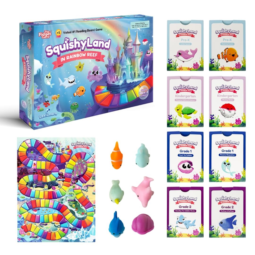 THE FIDGET GAME SquishyLand in Rainbow Reef - Educational & Phonics Learning Activities for Children in Pre-K to 2nd Grade - Mochi Squishy Toys Set with Board Game (2-6 Players) & Card Packs Included