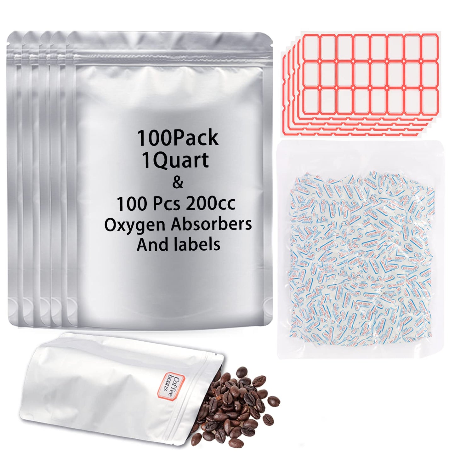 100 Pcs 1 Qt Mylar Resealable Bags for Food Storage, With 100 Pcs 200cc Oxygen Absorbers & 120 Labels, Aluminum Foil Long Term Fresh Bags
