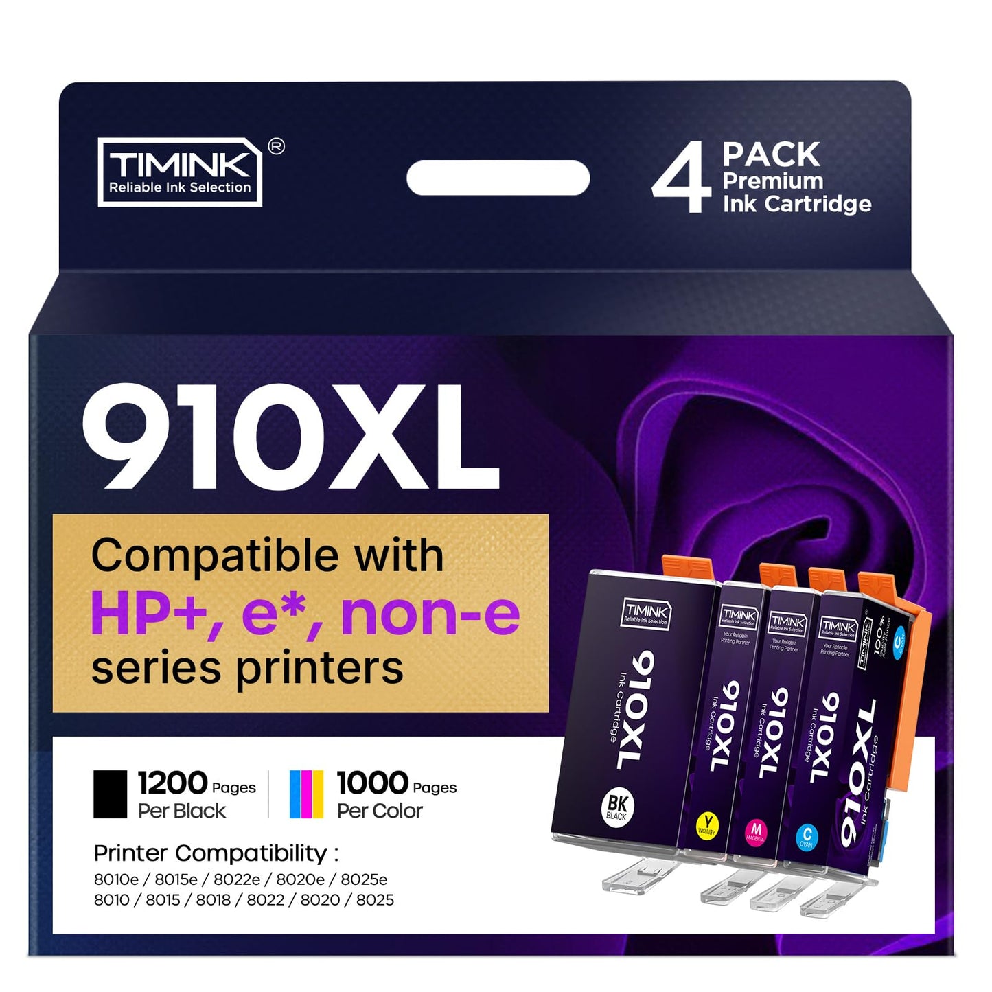 Timink 910XL Ink Cartridges Replacement for HP 910 XL Ink Cartridges Combo Pack, Work for OfficeJet Pro 8025e 8035e 8025 8035 8020 8028 Printer (BCMY, 4 Pack)