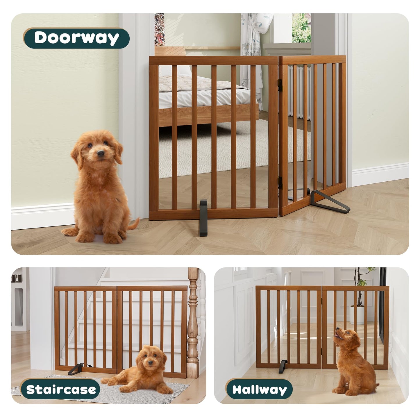 Freestanding Pet Gate with 2 Stands, Bamboo Dog Gates for Doorways, Dog Gates for The House, Puppy Gate for Stairs, Foldable Indoor Gate Safety Fence, 60cm Height-2 Panels Fully Assembled-Walnut