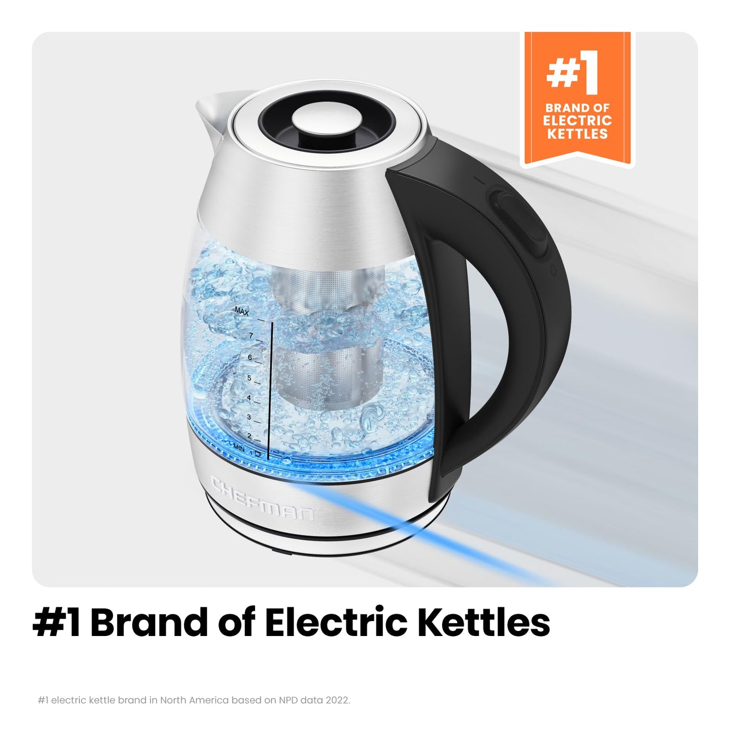 Chefman Electric Kettle for Boiling Water, 1.8L 1500W, Removable Tea Infuser, Auto Shut Off, Boil-Dry Protection, BPA Free, Borosilicate Glass, Hot Water Boiler, Electric Tea Kettle - Stainless Steel