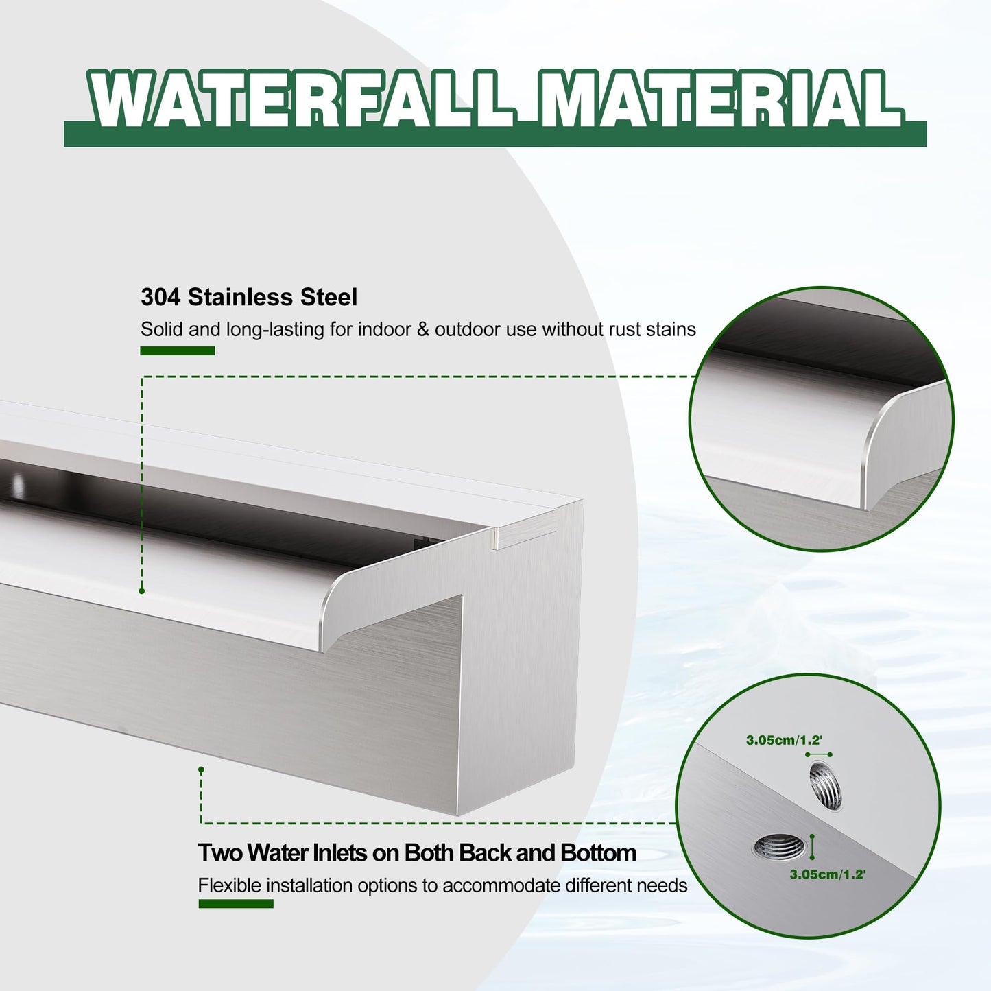 Waterfall Pool Fountain LONGRUNNEW 304 Stainless Steel 11.8" Rectangular Waterfall Spillway, Water Fall Fountain with Pipe Connector for Garden Outdoor, Swimming Pools, Fountains, Pond and Spa