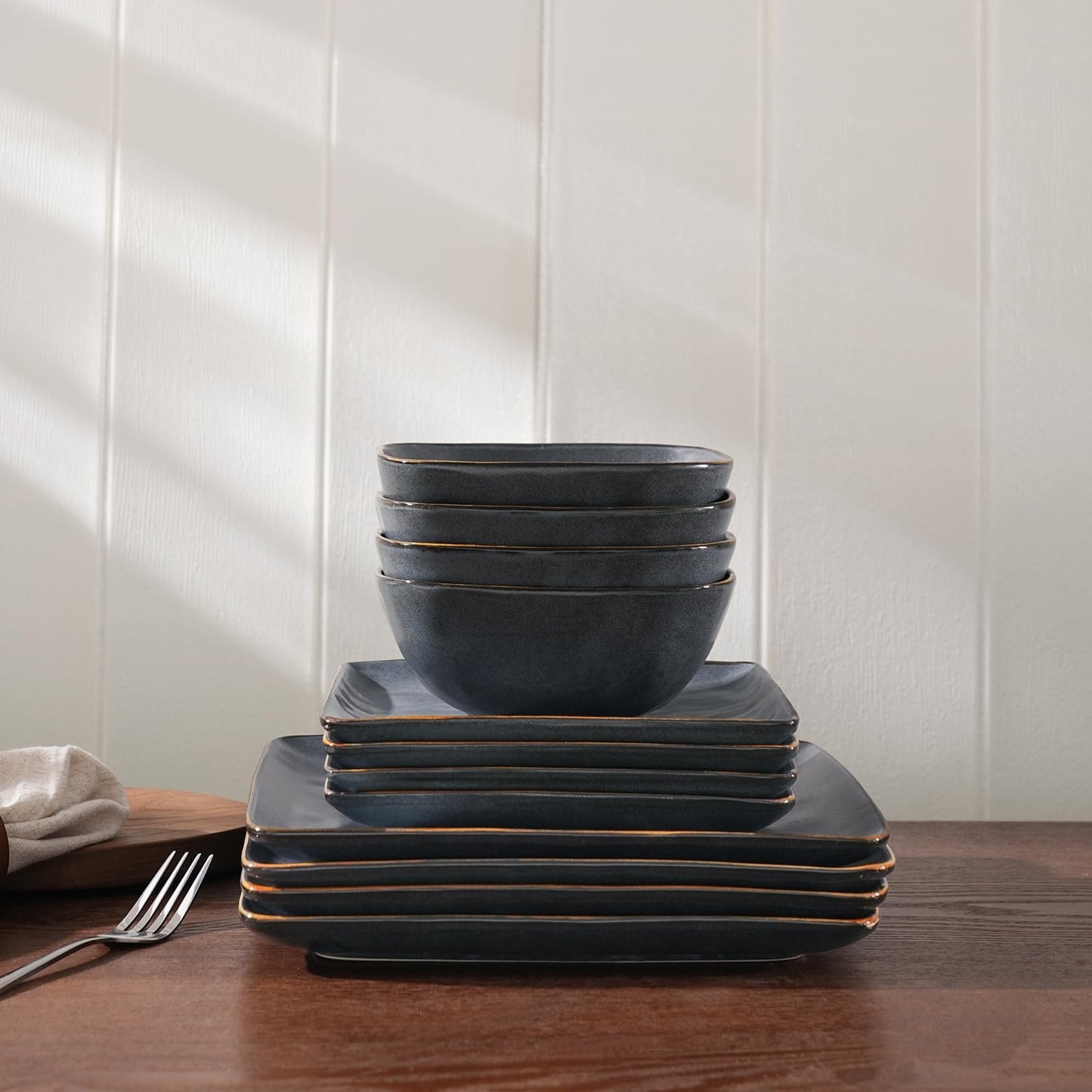 Richmount Dinnerware Sets for 4, Ocean Square 12-Piece Kitchen Plates and Bowls Sets, Microwave and Dishwasher Safe, Scratch Resistant, Matte Black