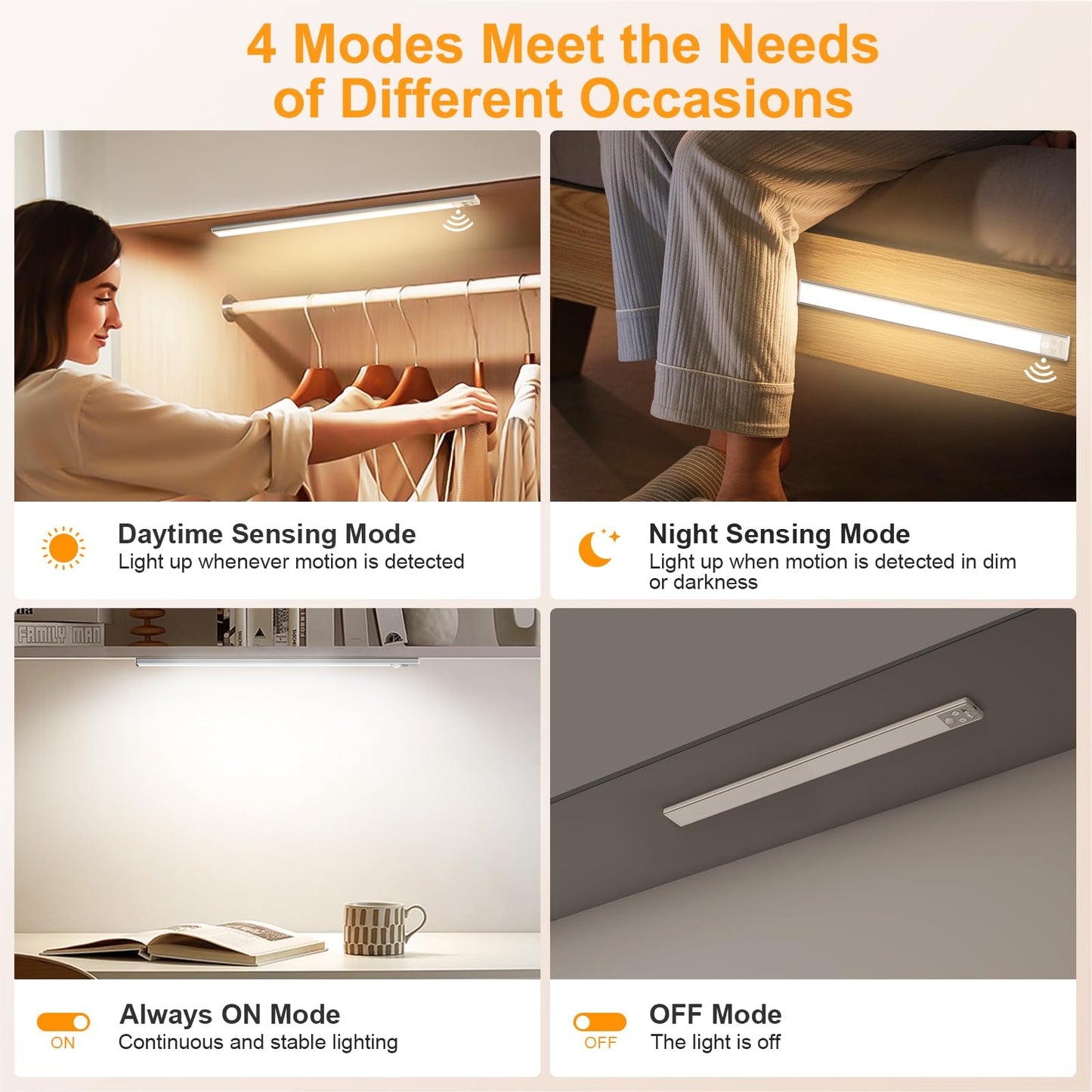 Gritin 14.7inch Under Cabinet Lighting Rechargeable 2 Pack-3 Color Temps&5 Level Brightness,Super Bright,4 Modes,Motion Sensor,Long Lasting-Easy Installation Wireless Magneti Closet Lights-Silver