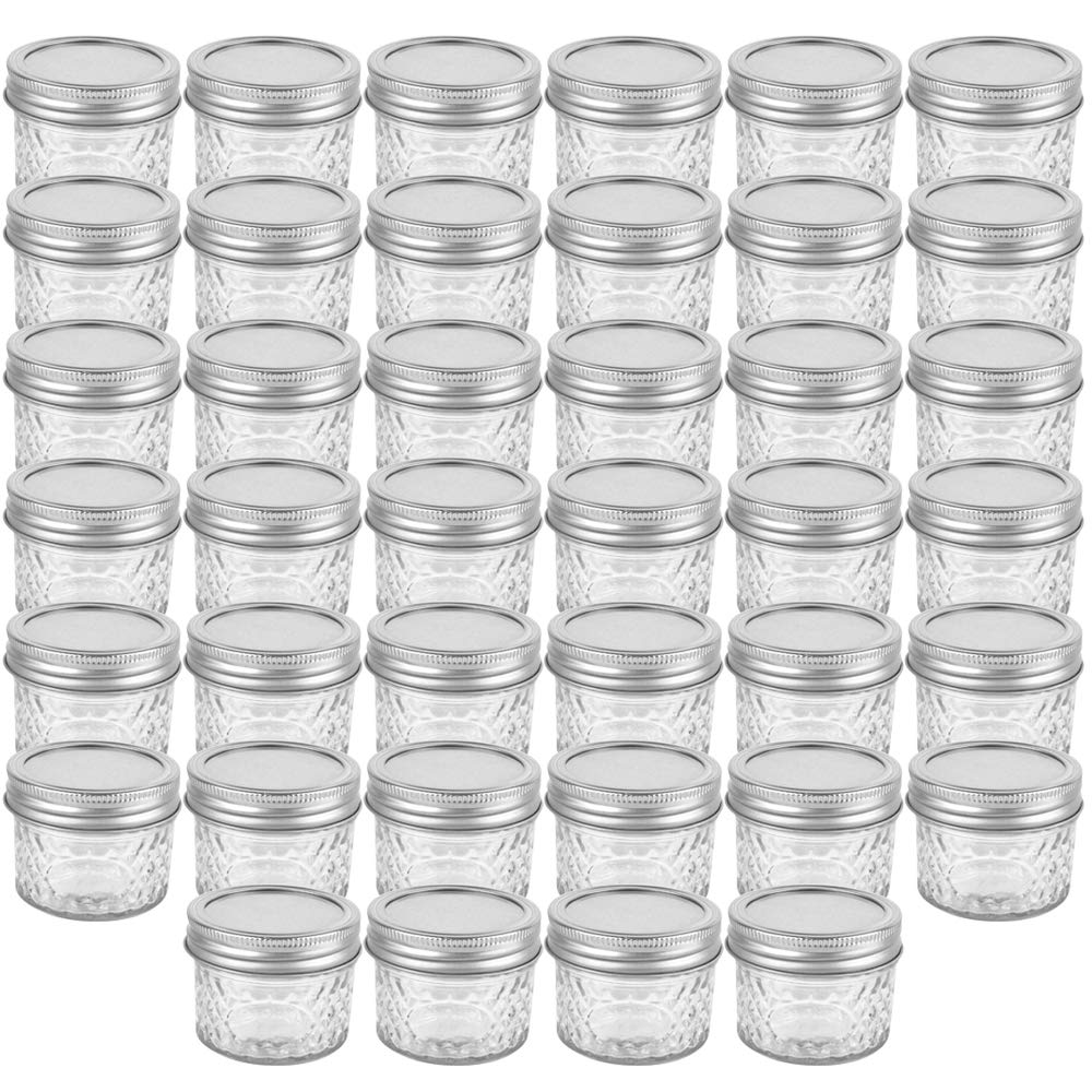 40 Pack 4oz 120 ml Glass Mason jars With Silver Regular Lids, Perfect for Jam, Honey, Candies,Wedding Favors, Decorations,DIY Magnetic Spice Jars.(40 Labels Included)