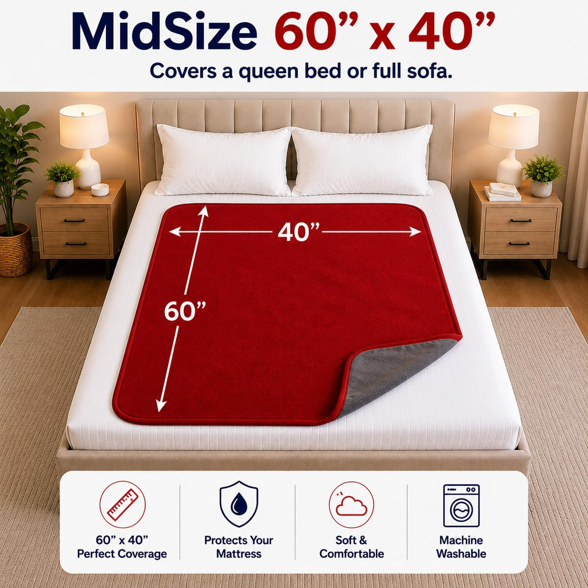 The Original Good Time Waterproof Blanket -Red/Gray 100% Leakproof Discreet Furniture Protection for Messy Moments, Pets and Spills -Cozy Soft Machine Washable Fleece -MidSize 60x40