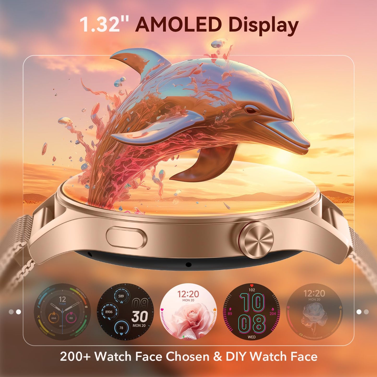 aeac Smart Watch for Women, AMOLED Ultra-Clear Screen Activity Trackers with Heart Rate/Sleep/SpO2 Monitor, Waterproof Fitness Smartwatch for iPhone/Samsung/Android（Gold）