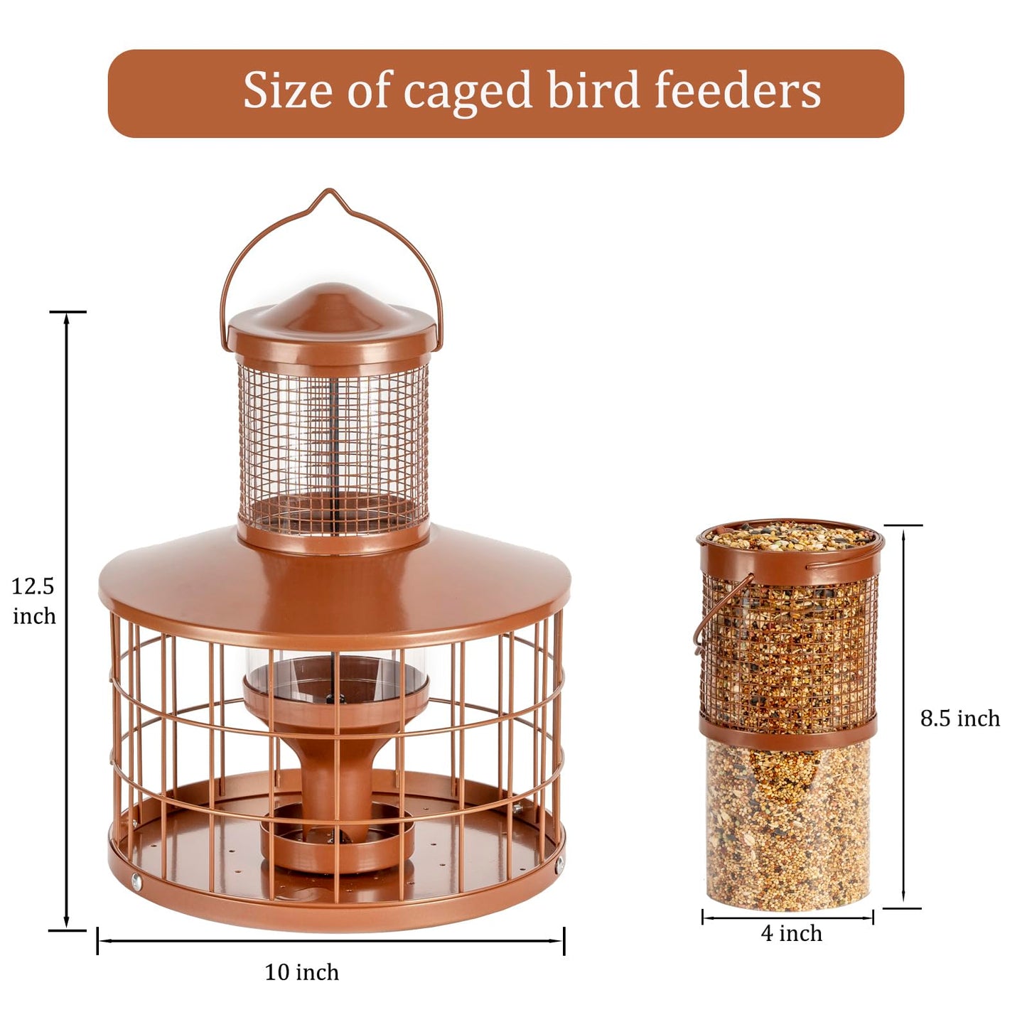 Caged Bird Feeders Squirrel-Proof, Metal, 2.8 Lbs Capacity-Cage Tube Seed Feeders with Tray Outdoor Hanging, Attract Birds,Detachable Cleaning, Starling Proof Wild Bird Feeder（Brown）
