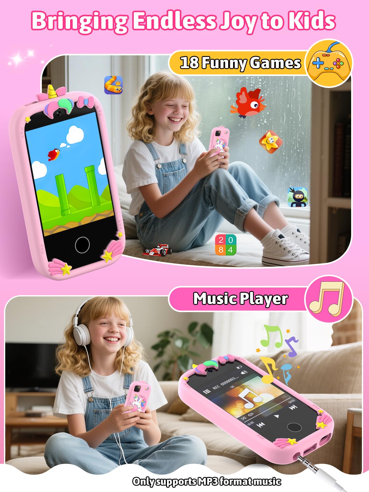 Mgaolo Kids Phone Smartphone Toy, 2.8" Touchscreen Smart Phone, Toddler Educational Learning Gift for Boys Girls Age 3-8, Games, Dual Cameras, Music Video Player, Christmas Birthday Present (Pink)