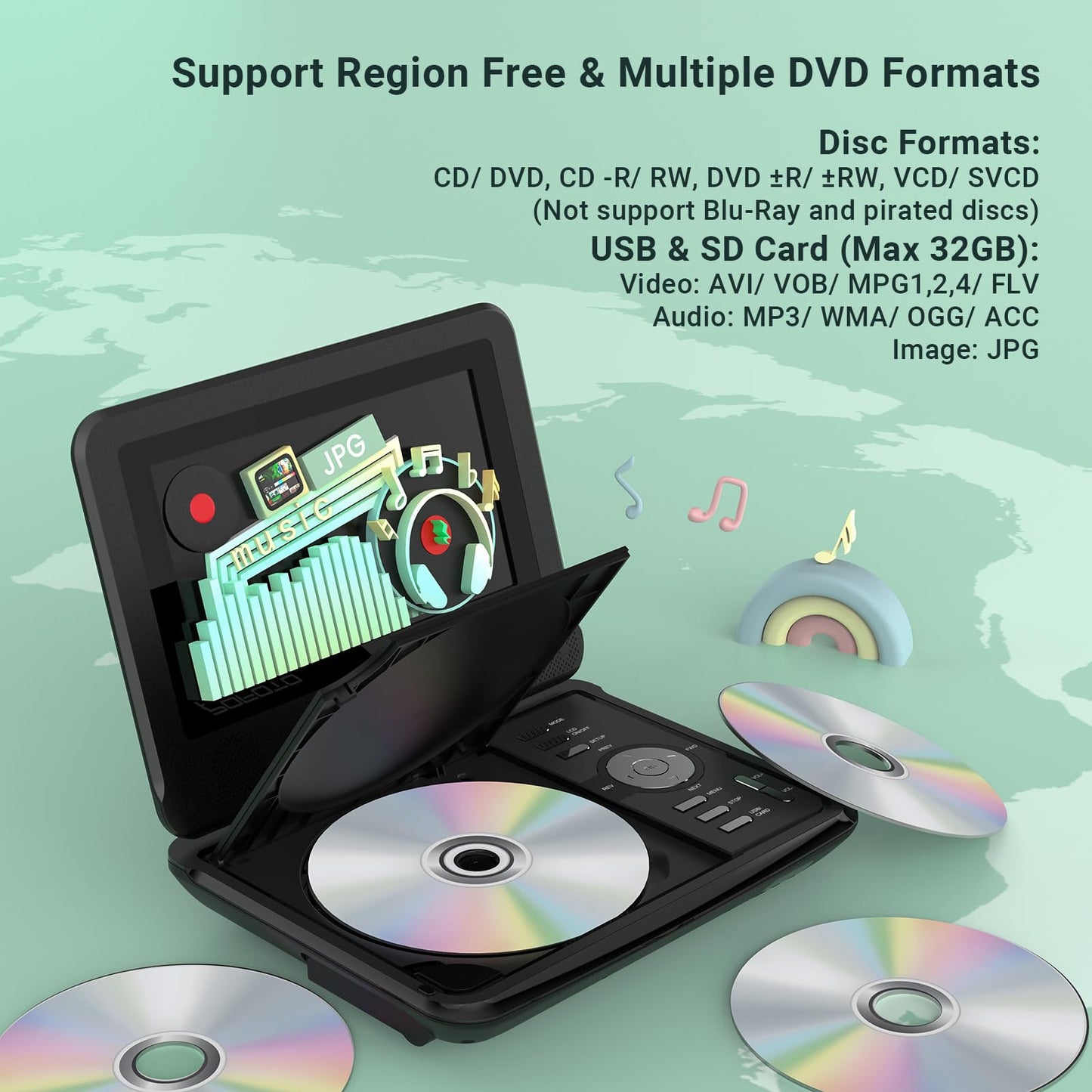 9.5" Portable DVD Player for Kids and Car with 7.5" Swivel Screen, 4-6 Hours Working Time, Car DVD Player with Dual Speakers, Remote Control, Support Sync TV, Region Free USB/SD/AV, Glossy Black