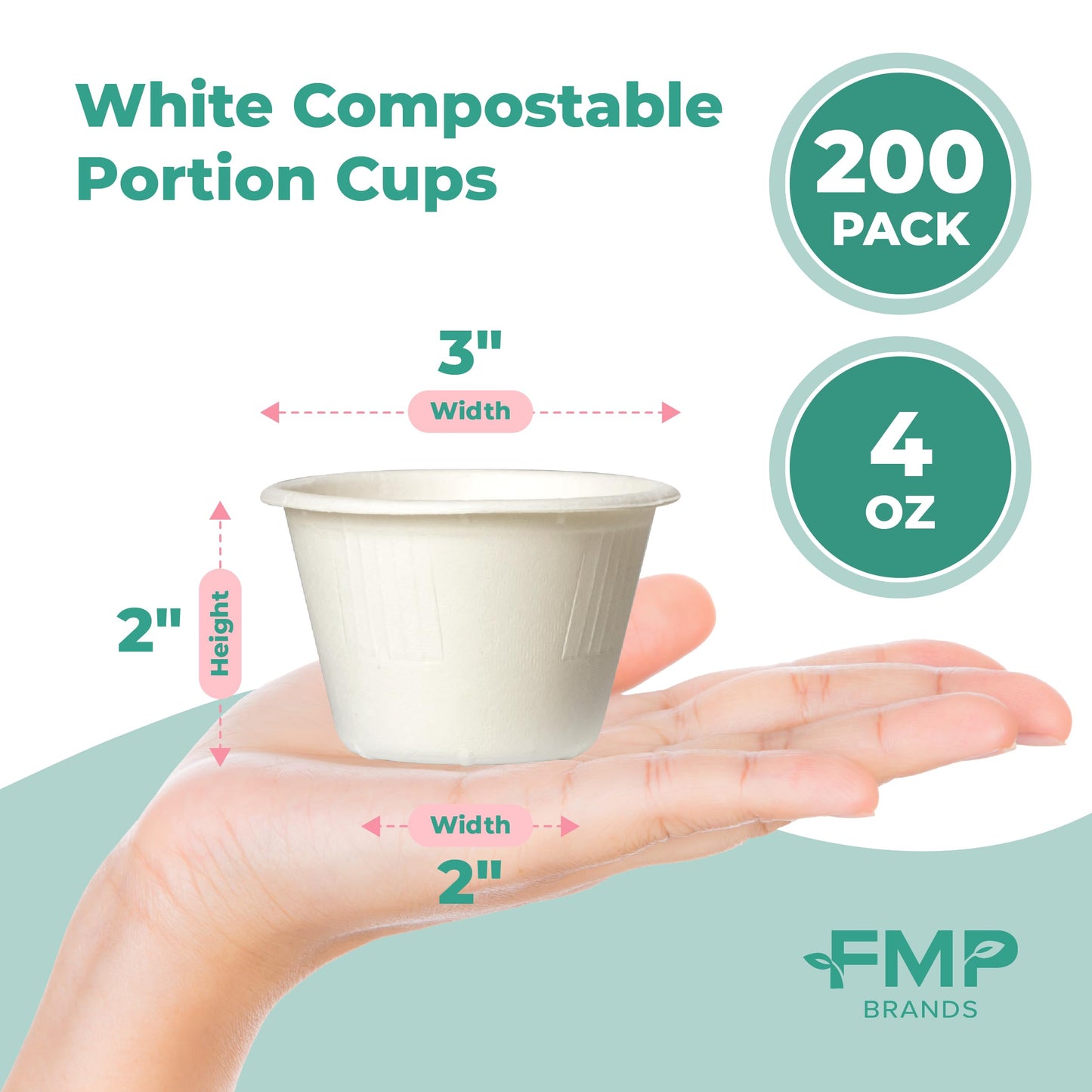 [200 Pack] 4 Oz White Compostable Disposable Cup - 100% Biodegradable Sugarcane / Bagasse, Paper and Plastic Cup Alternative, Eco Friendly Hot or Cold Food and Condiments Containers, Microwave Safe