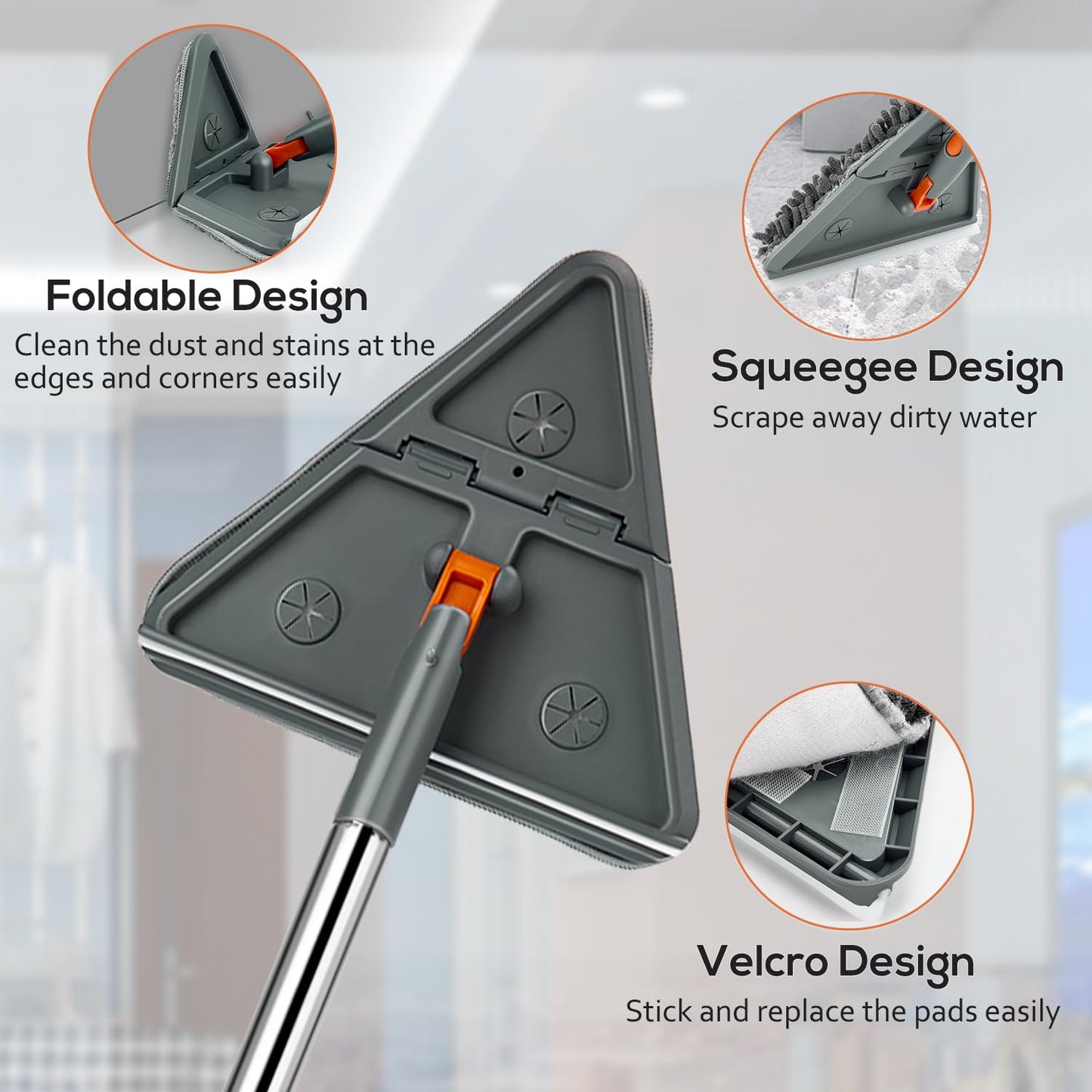 Feeloco Baseboard Cleaner Tool with Handle,360°Rotating Wall Cleaner Mop,180° Folding Ceiling Tool Duster with Squeegee for Cleaning Baseboard,Wall,Ceiling,Window,Floor,8 Replacement Cleaning Pads